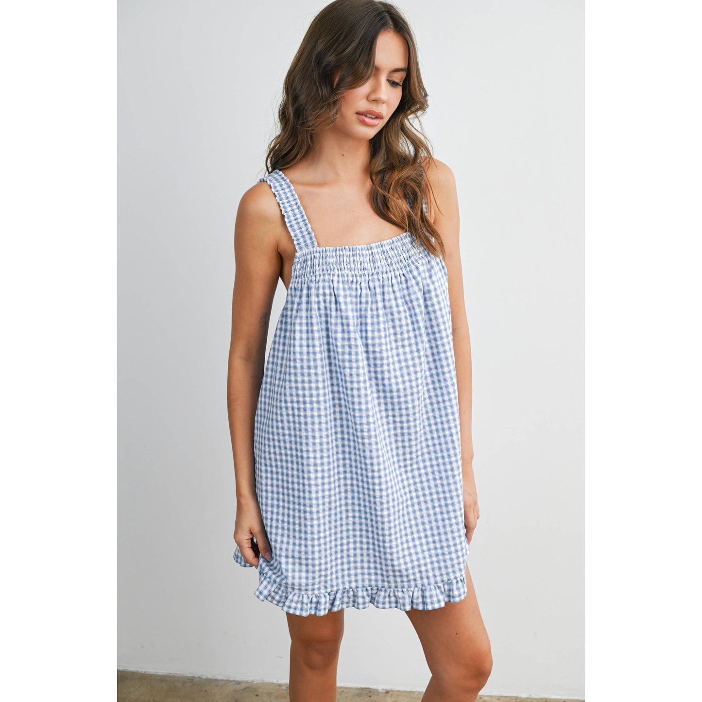 Blue Smocked Ruffle Hem Dress