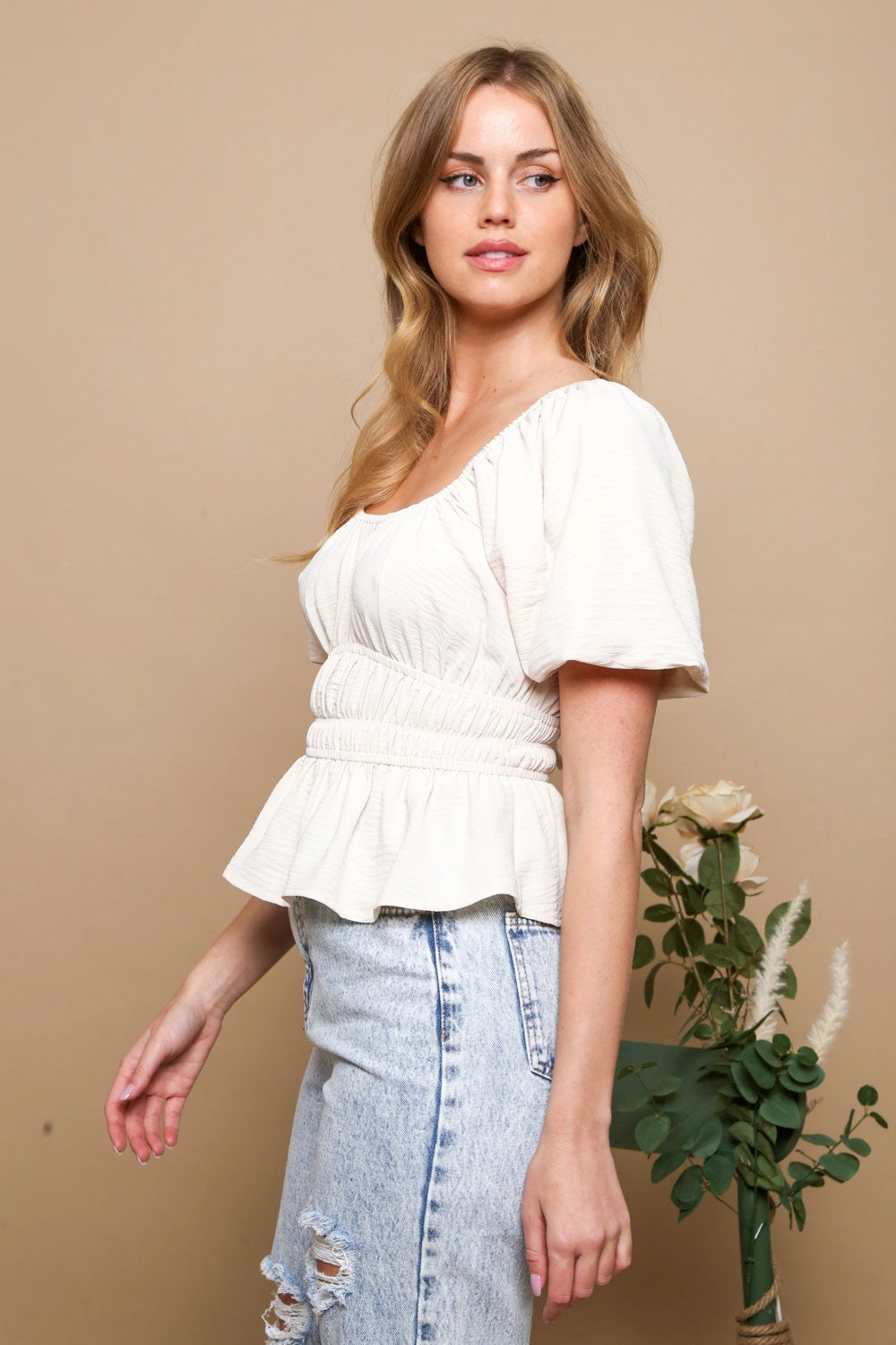 Cream Ruched Peplum Top