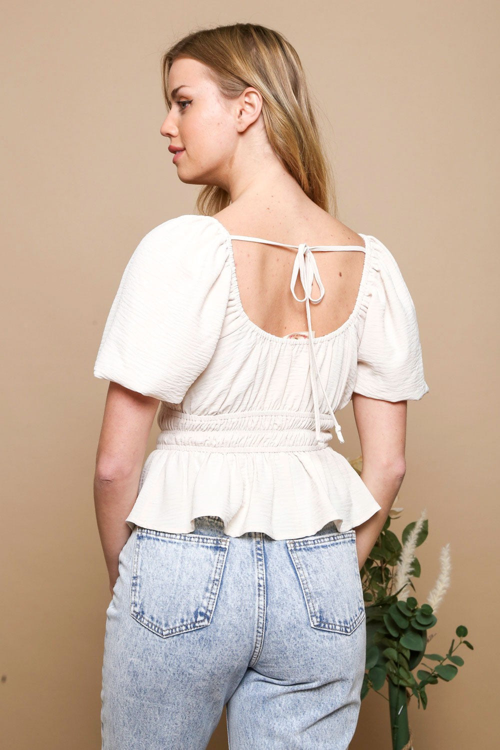 Cream Ruched Peplum Top
