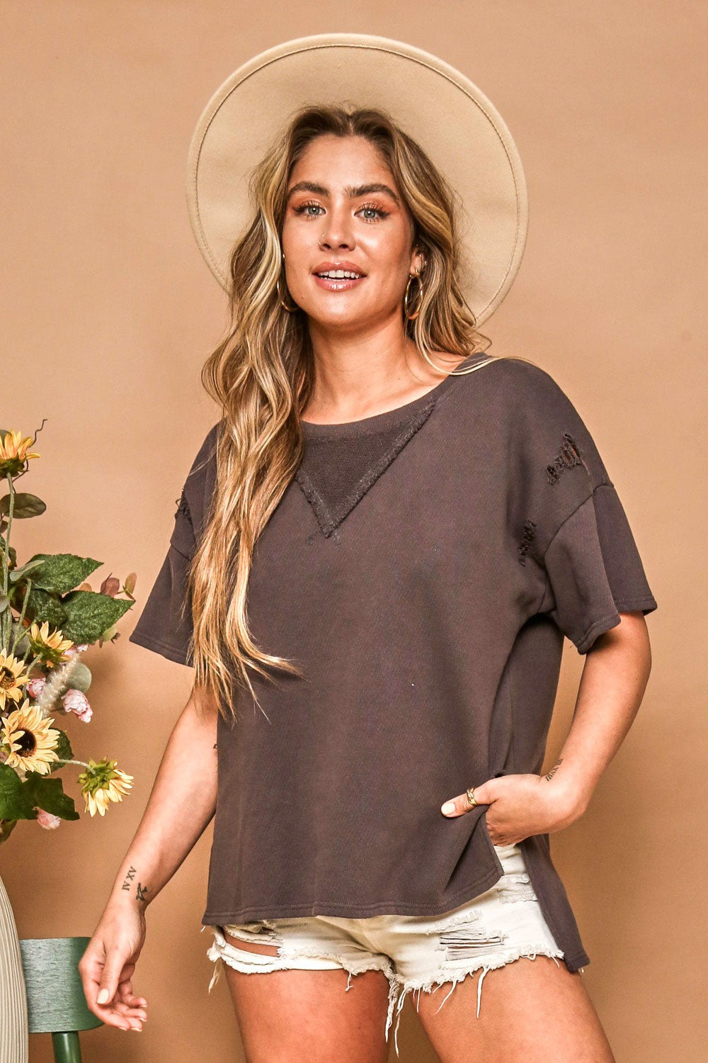 Charcoal Distressed Knit Top