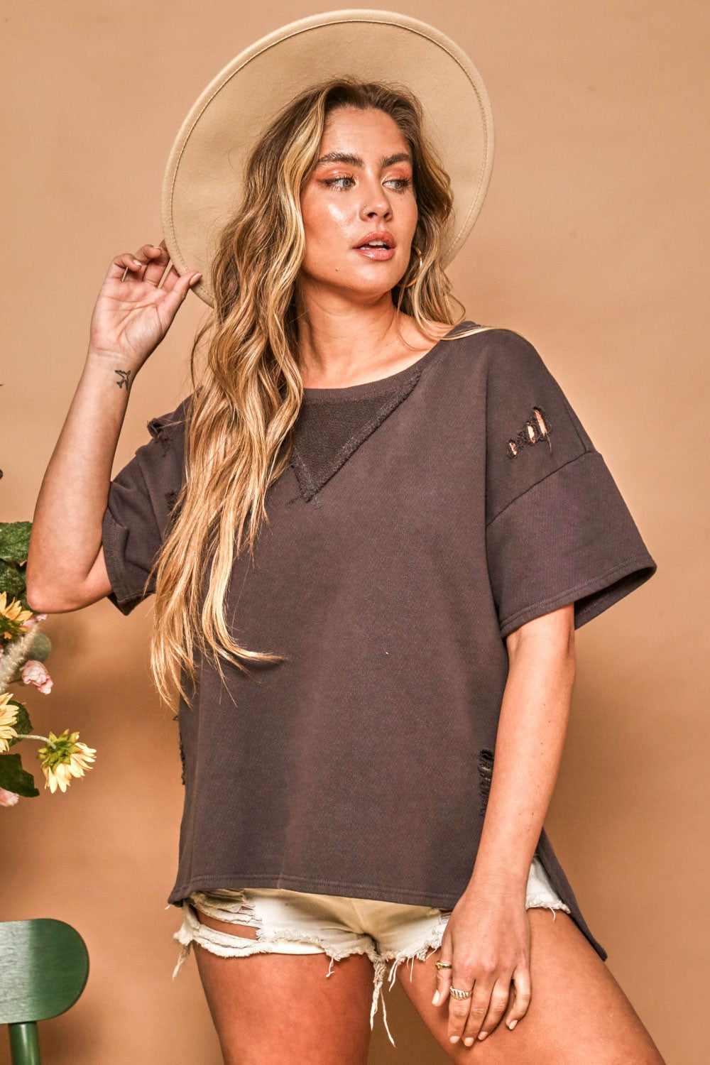 Charcoal Distressed Knit Top