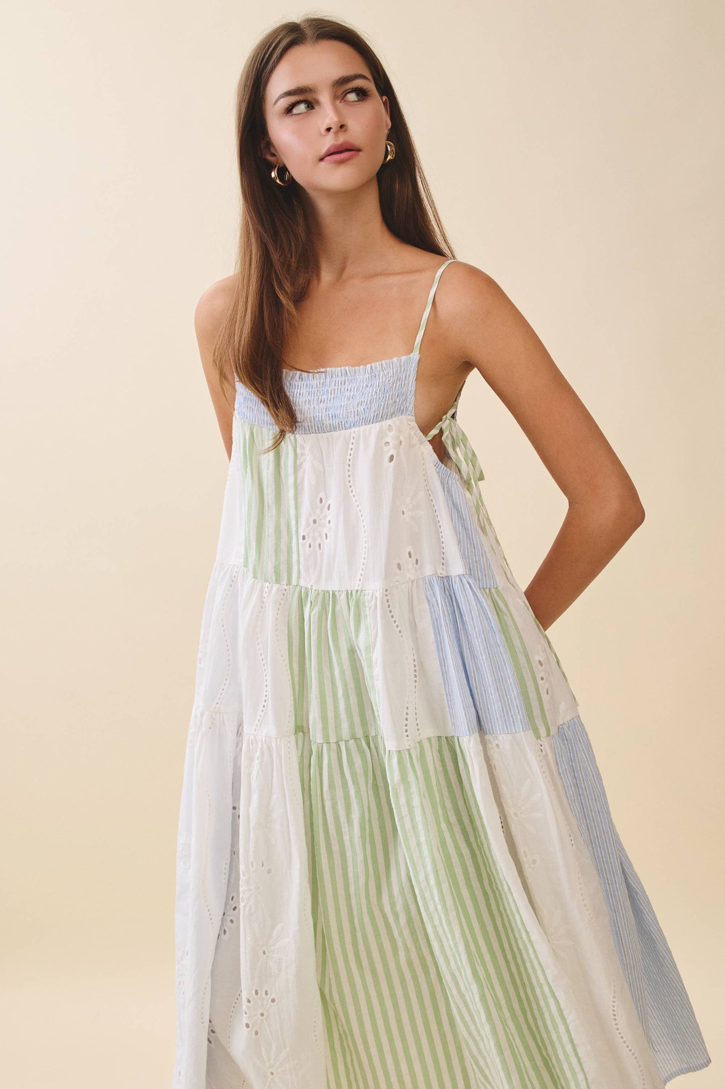 Blue Patchwork Tiered Midi Dress