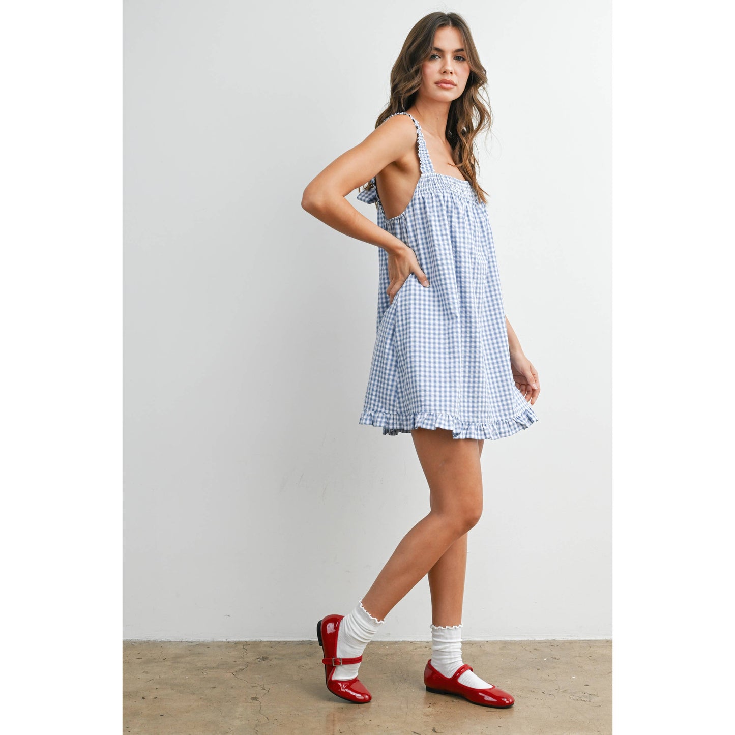 Blue Smocked Ruffle Hem Dress