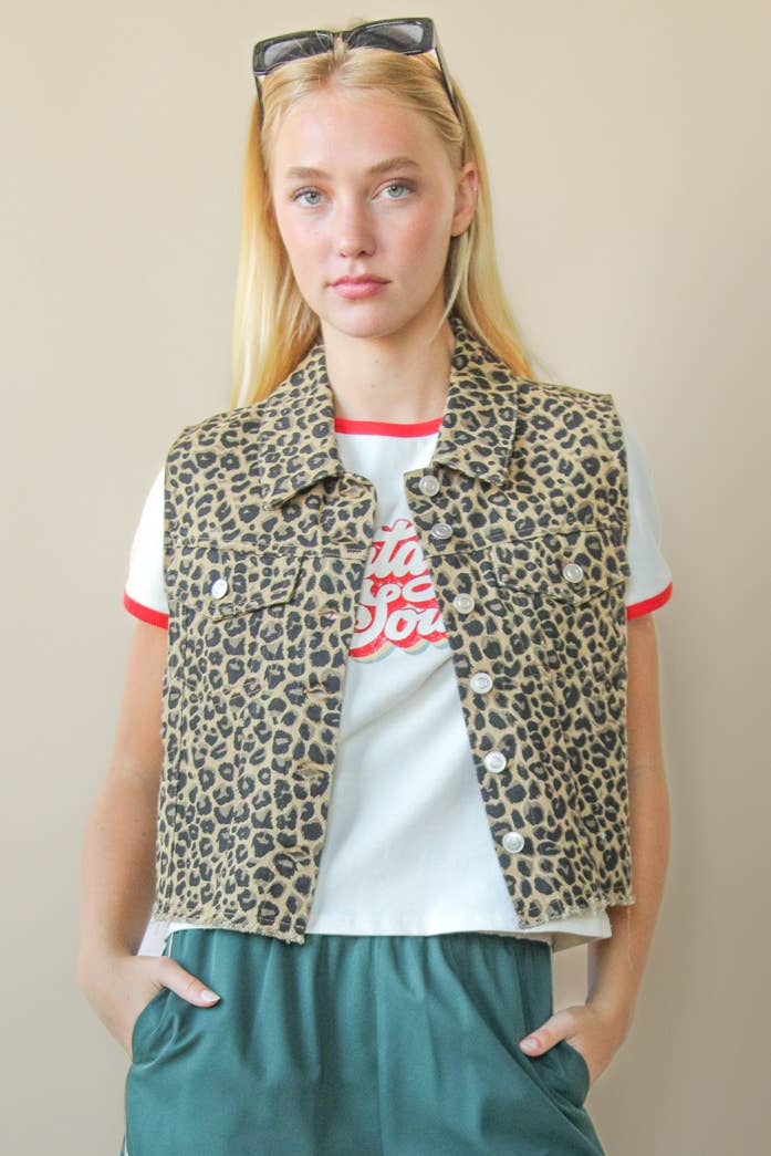 Leopard Printed Collared Vest
