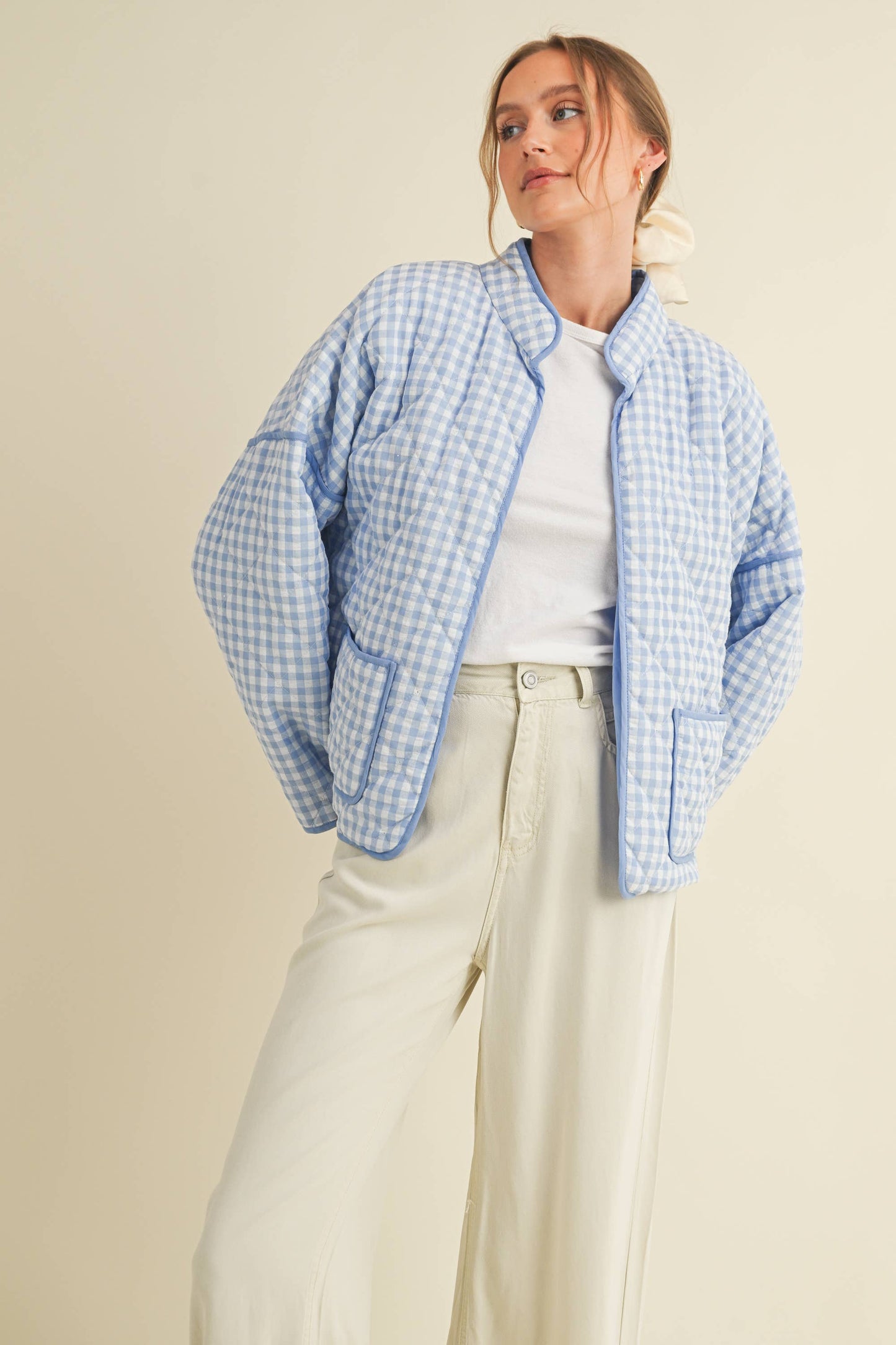 Quilted Plaid Puff Jacket - Blue