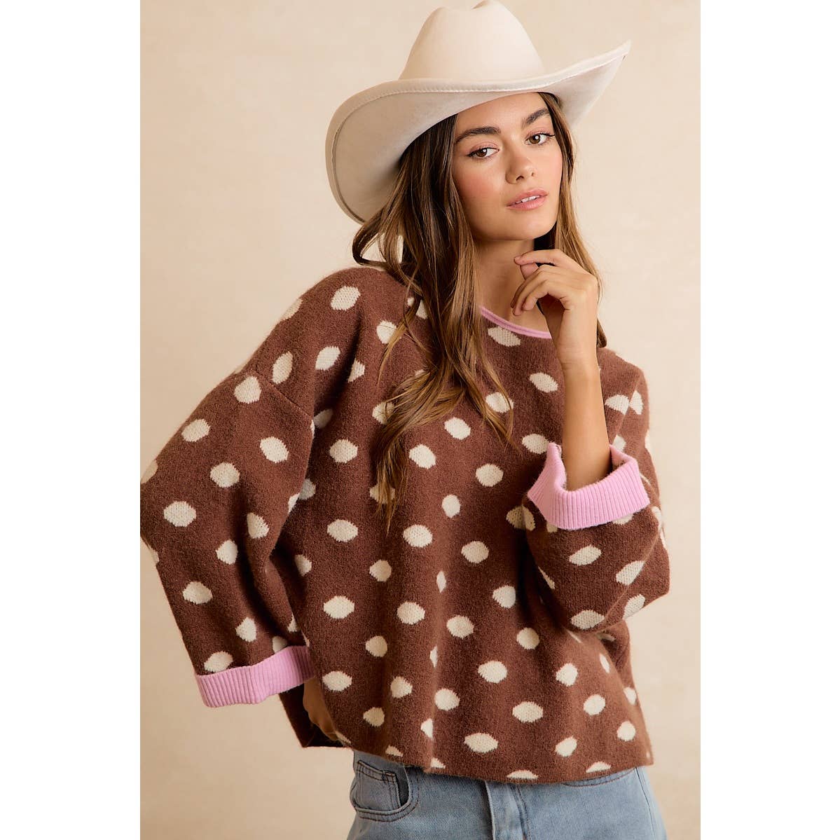 Brown Polka Dot Rolled Sweater