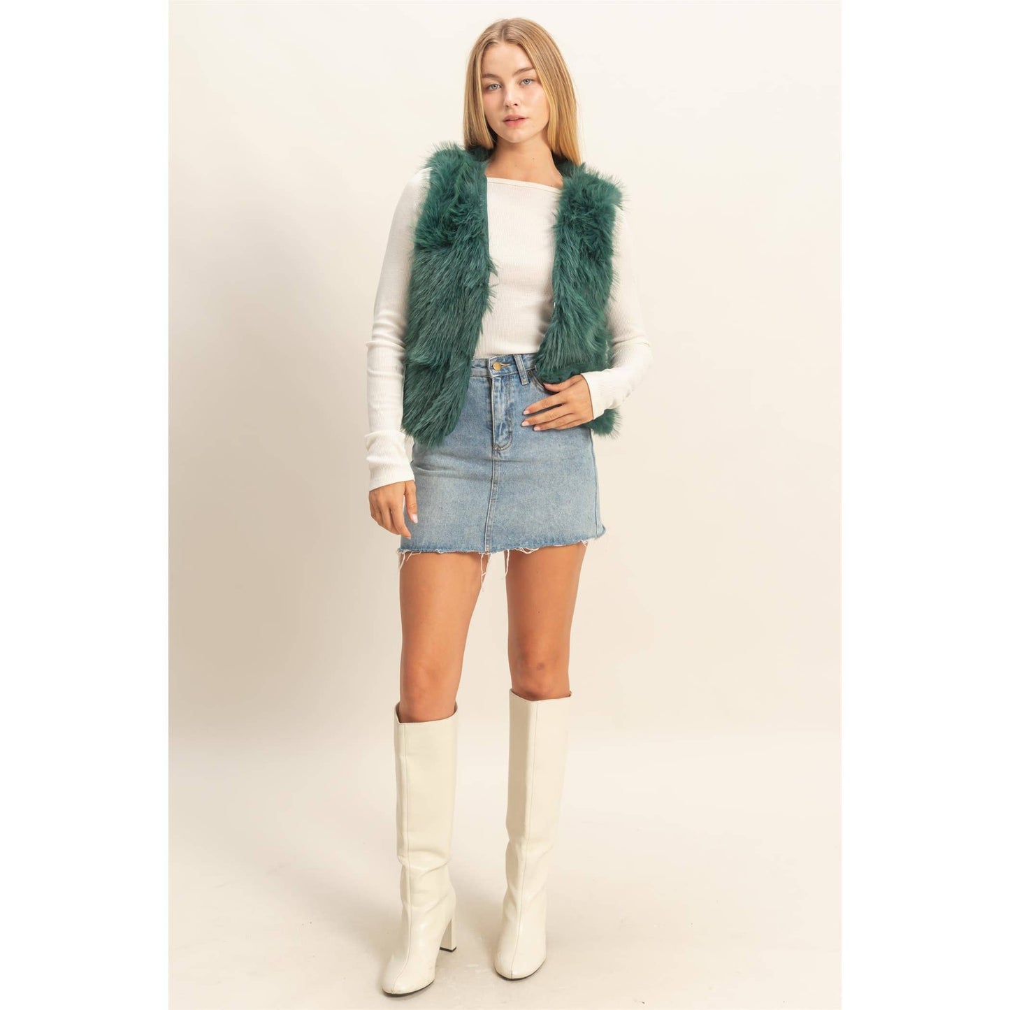 Green Faux Fur Open Vest