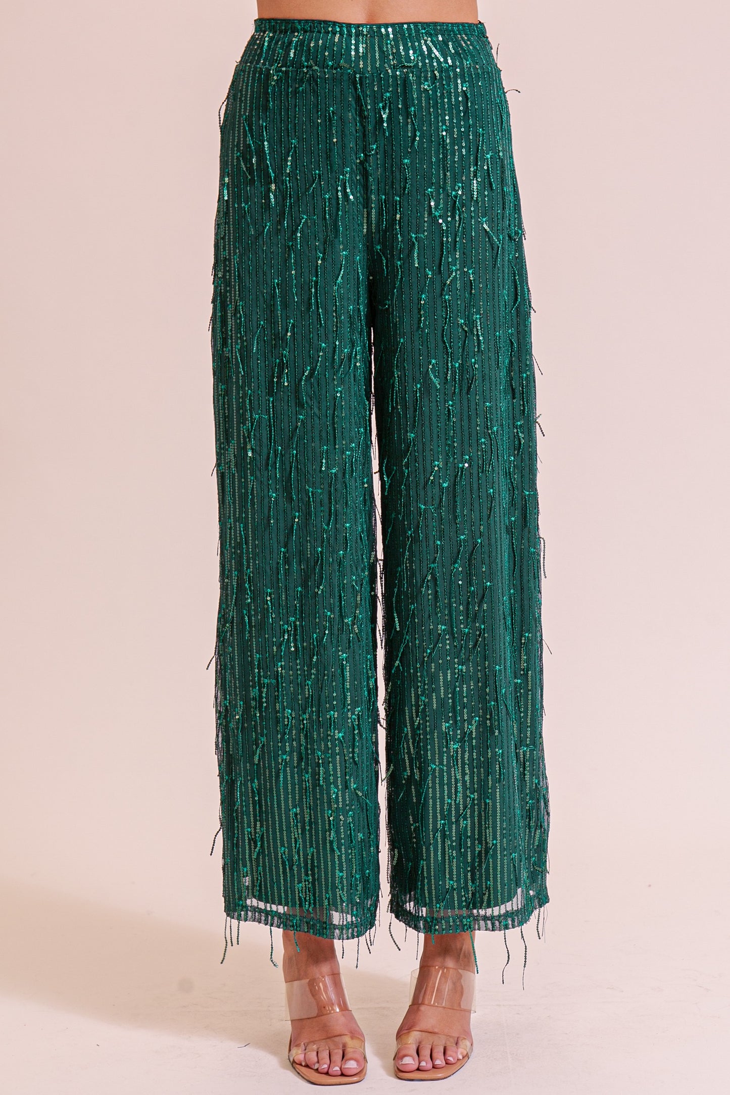 Sequin & Fringe Pants - Emerald