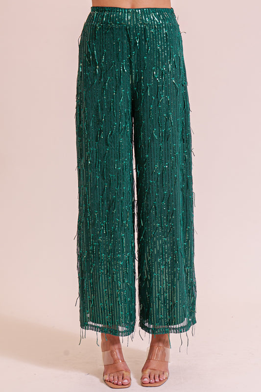 Sequin & Fringe Pants - Emerald