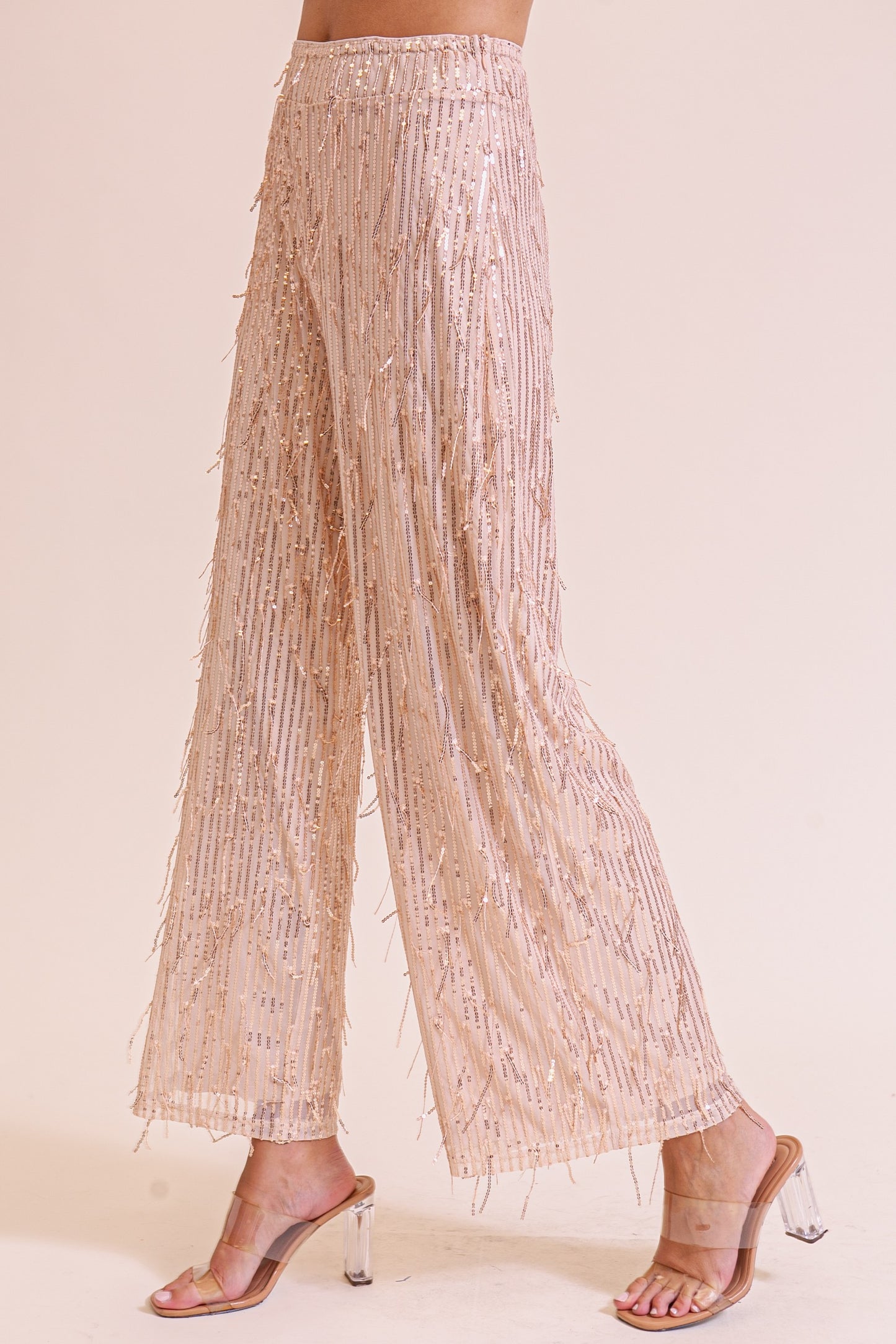 Sequin & Fringe Pants - Champagne