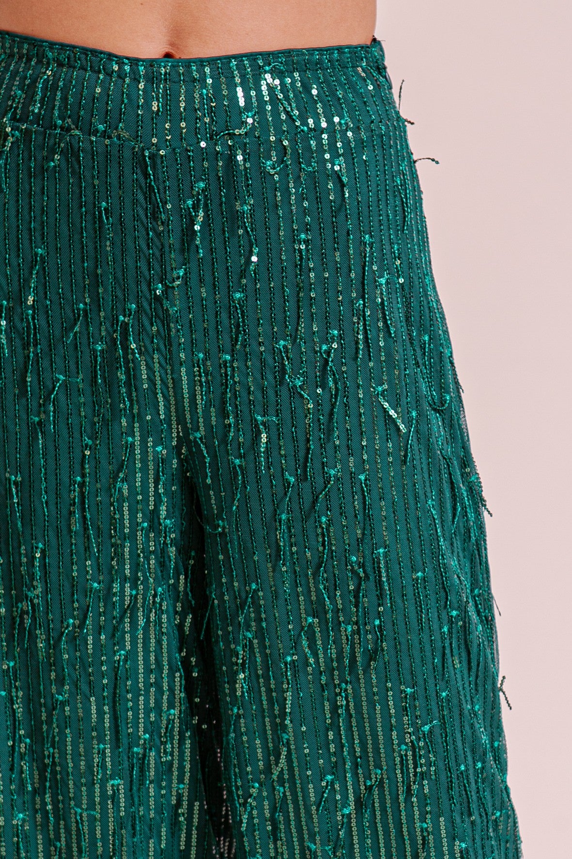 Sequin & Fringe Pants - Emerald