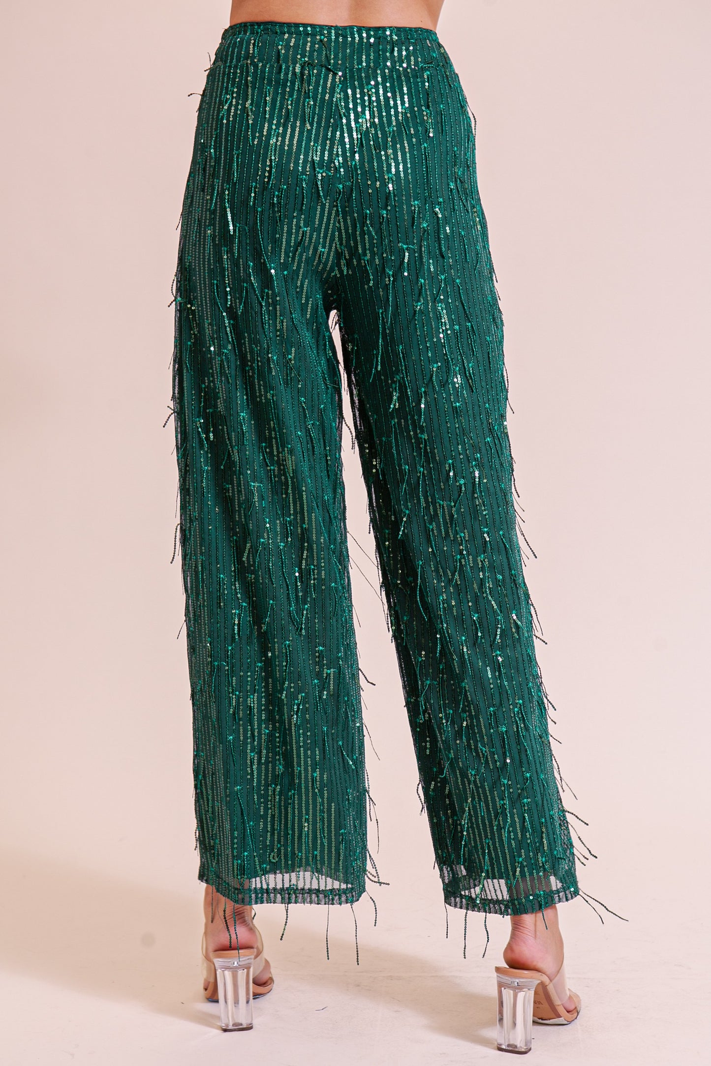Sequin & Fringe Pants - Emerald