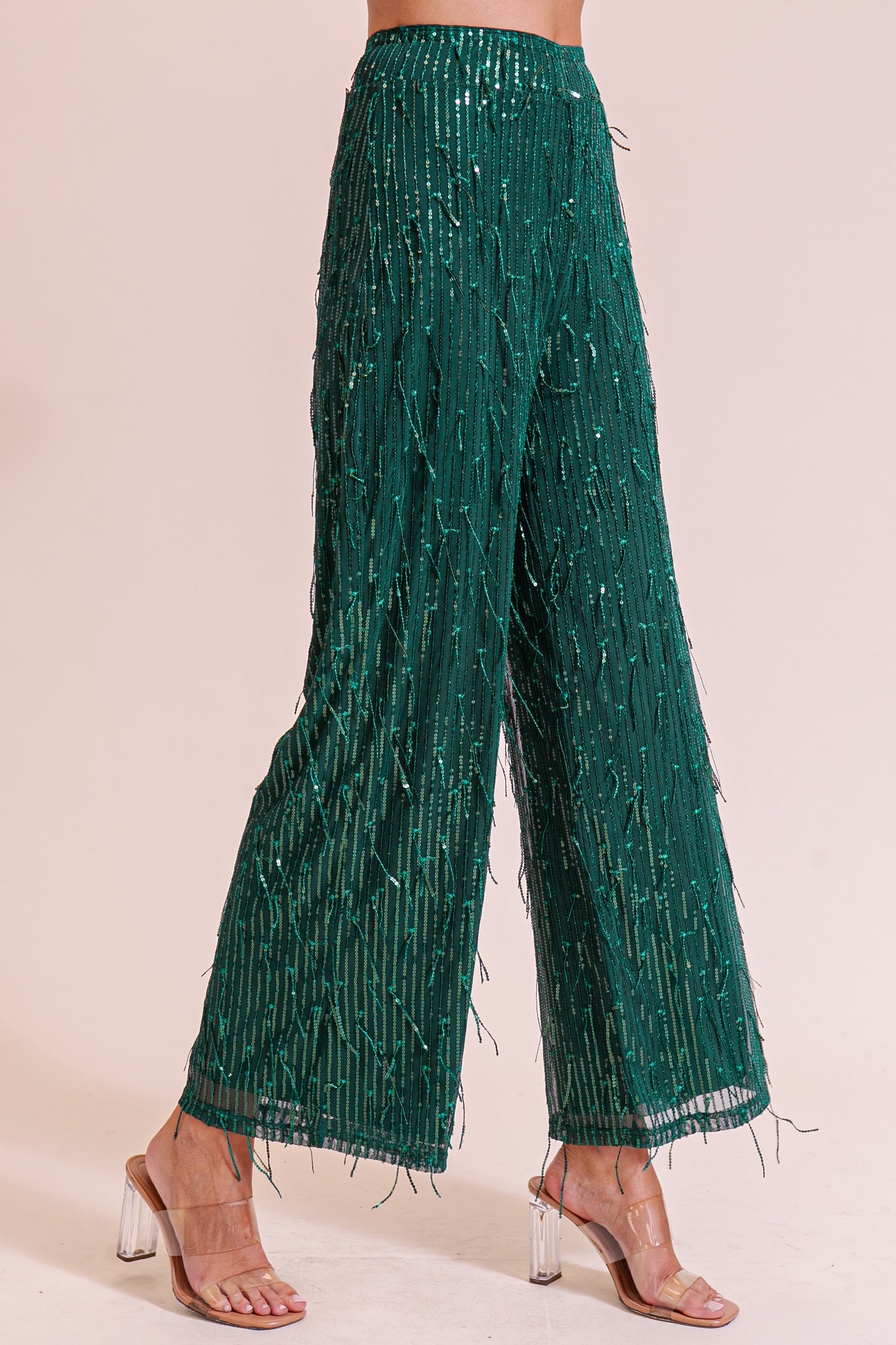 Sequin & Fringe Pants - Emerald