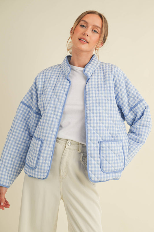 Quilted Plaid Puff Jacket - Blue