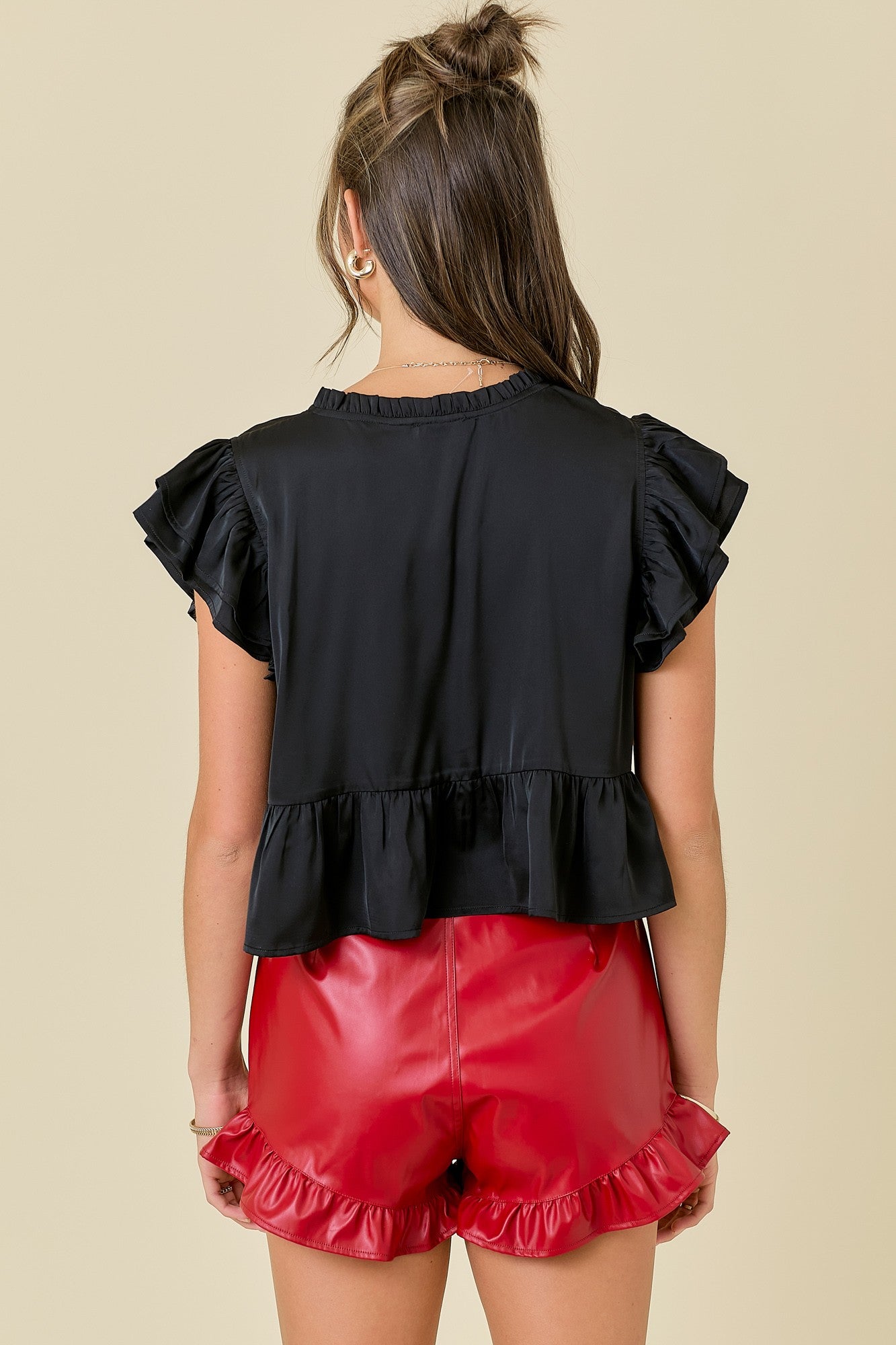 Black Ruffle Satin Blouse