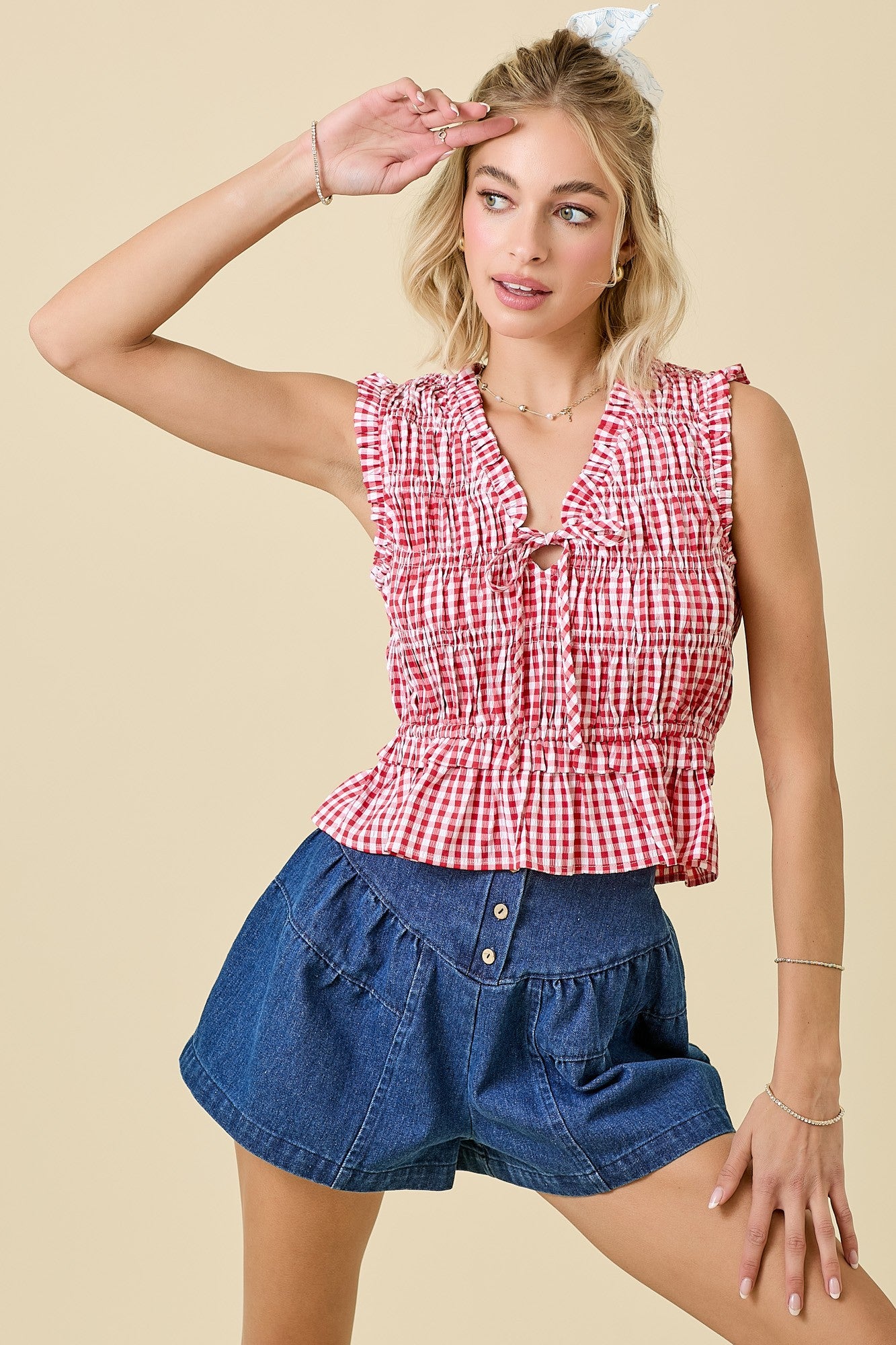 Red Gingham Smocked Top