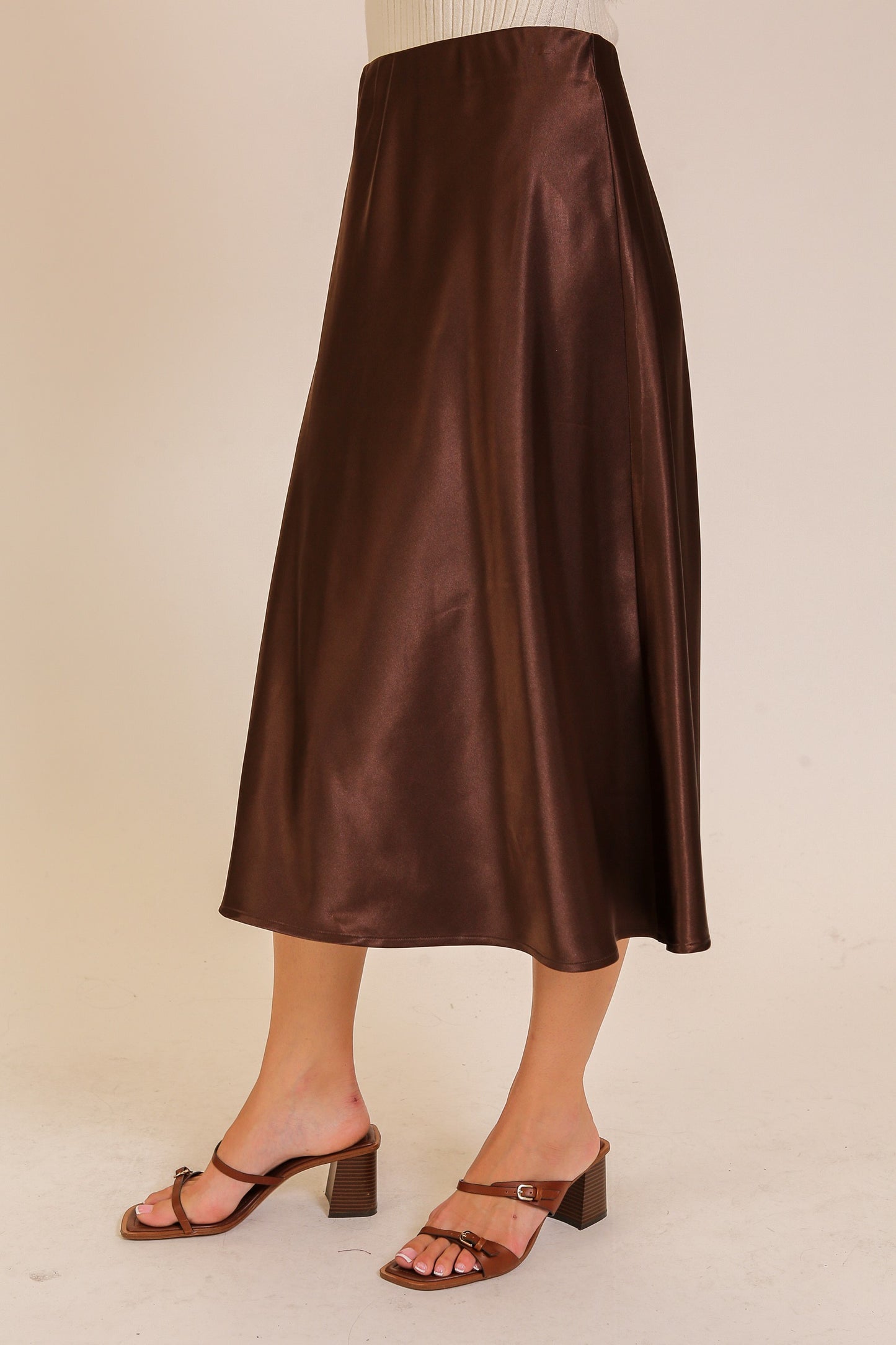 Brown Satin Flare Midi Skirt