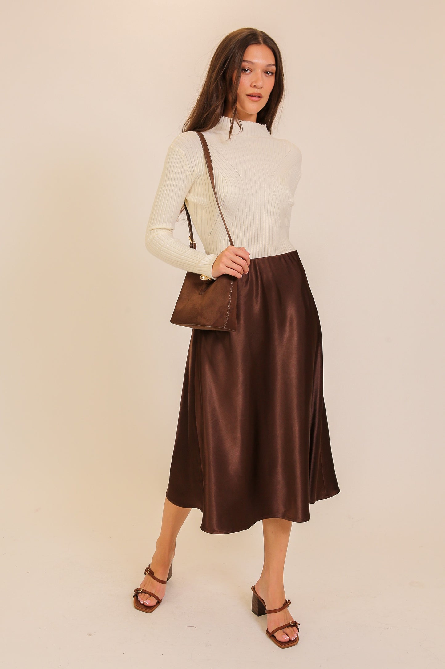 Brown Satin Flare Midi Skirt