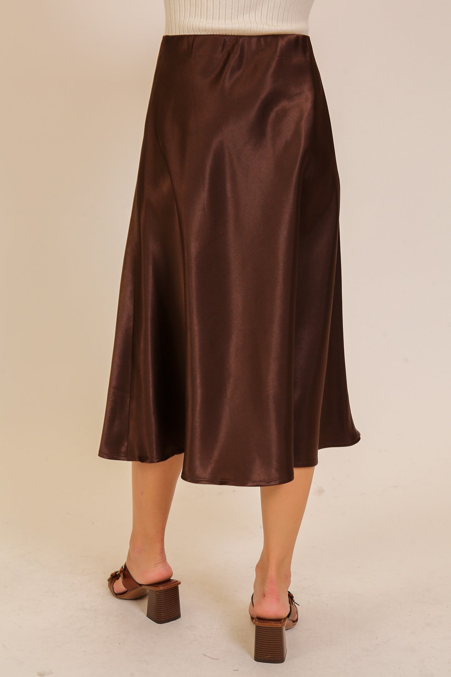 Brown Satin Flare Midi Skirt