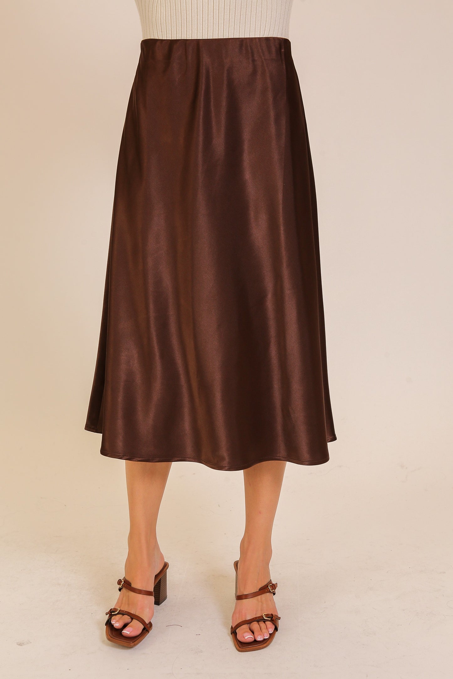 Brown Satin Flare Midi Skirt
