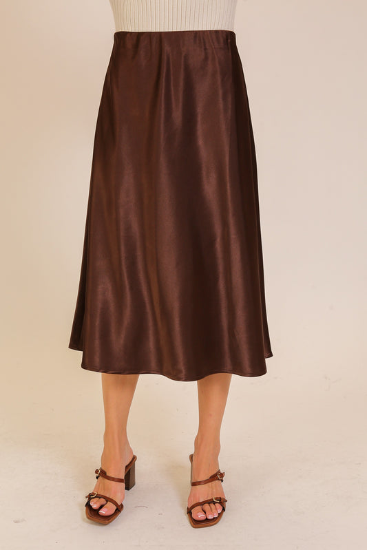 Brown Satin Flare Midi Skirt