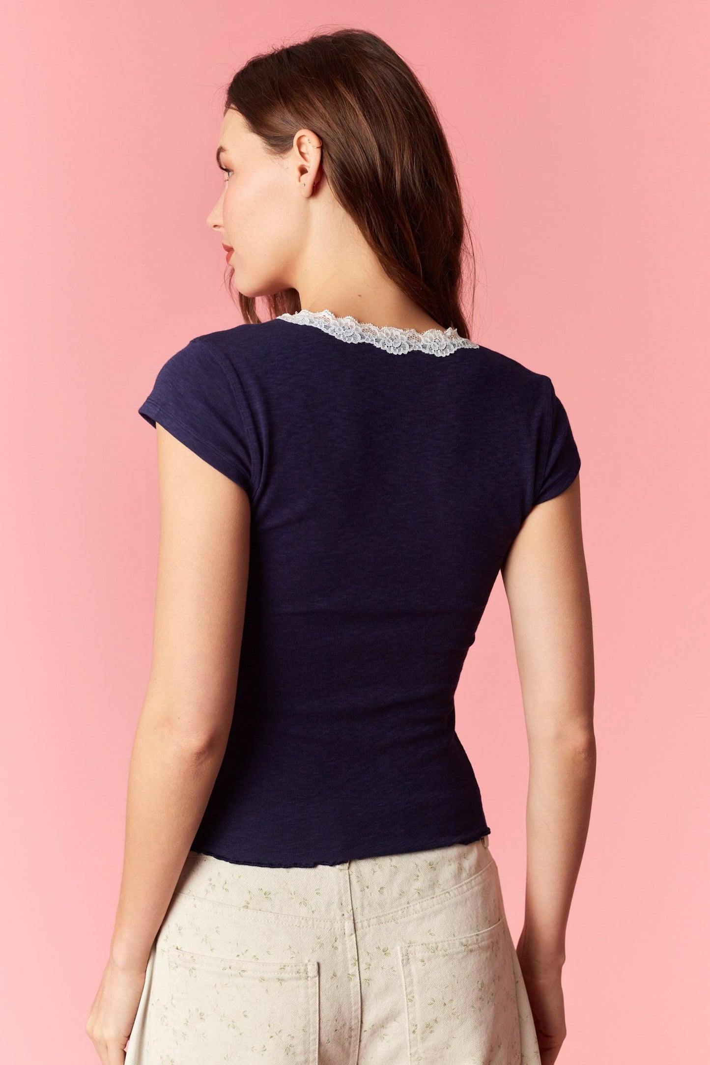 Lace Scoop Neck Tee - NAVY