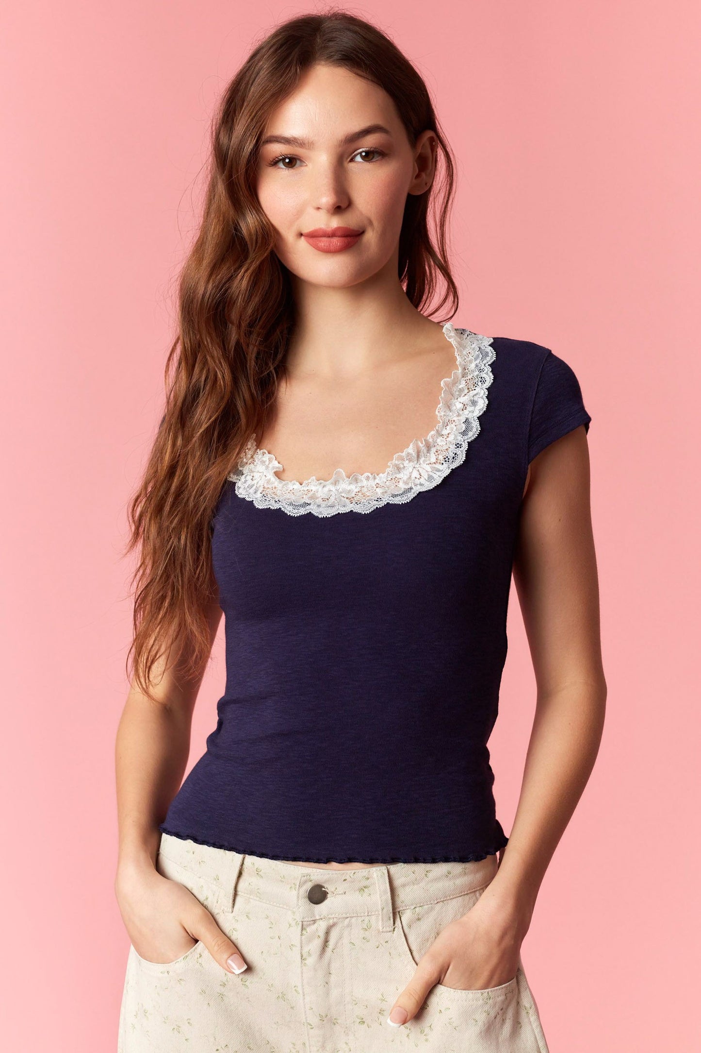 Lace Scoop Neck Tee - NAVY