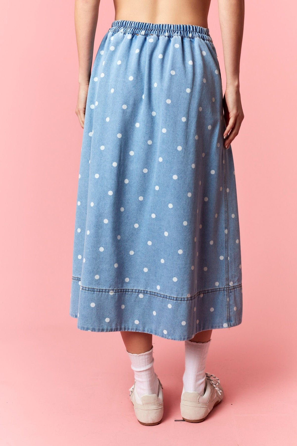 Polka Dot Denim Midi Skirt