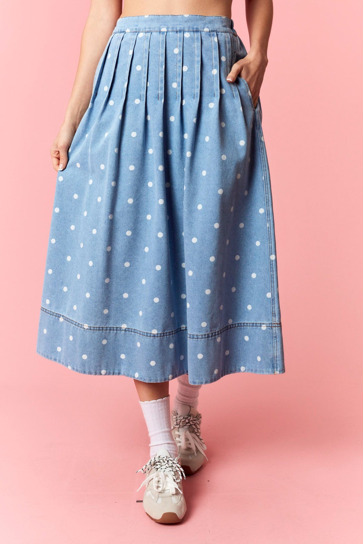 Polka Dot Denim Midi Skirt