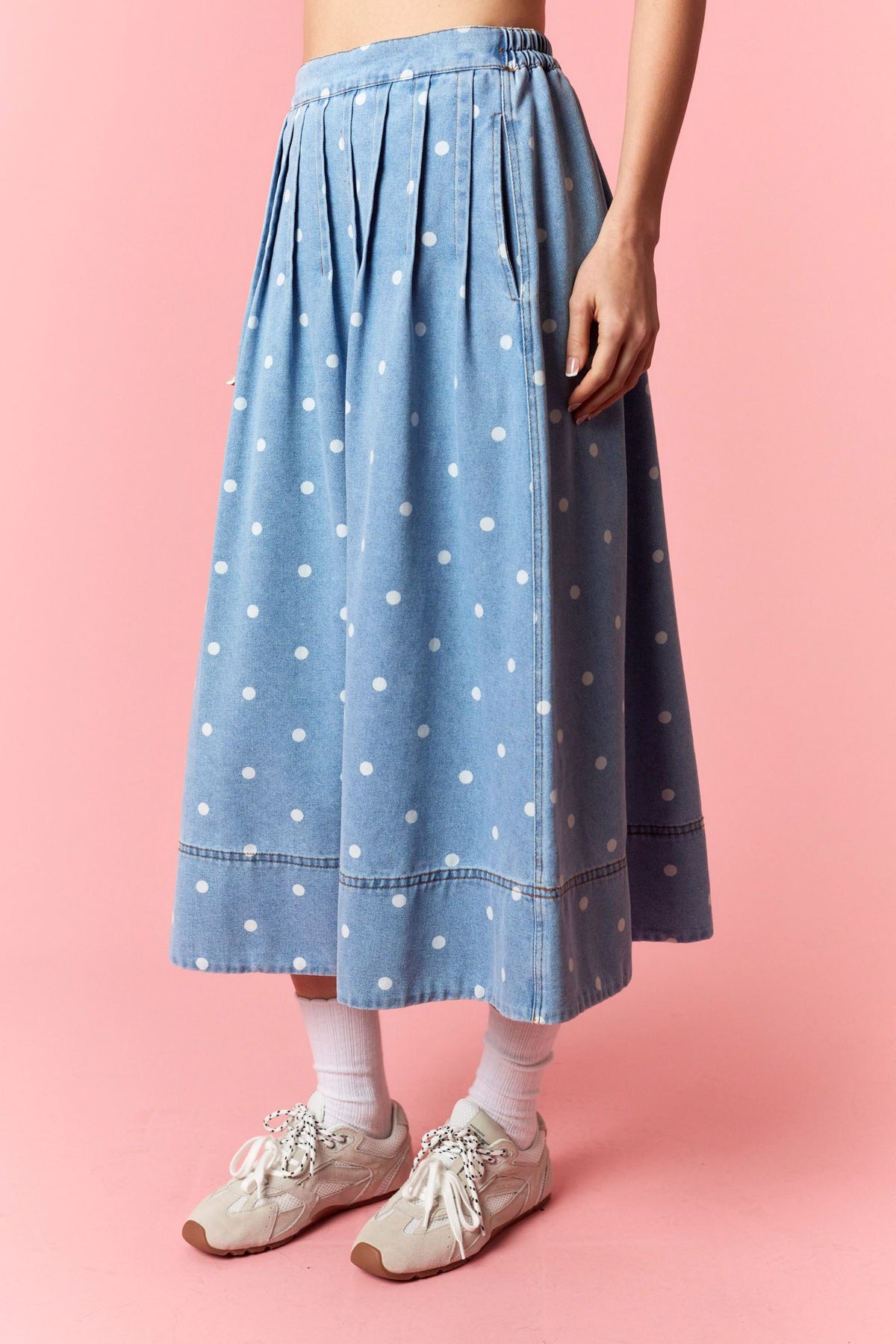 Polka Dot Denim Midi Skirt
