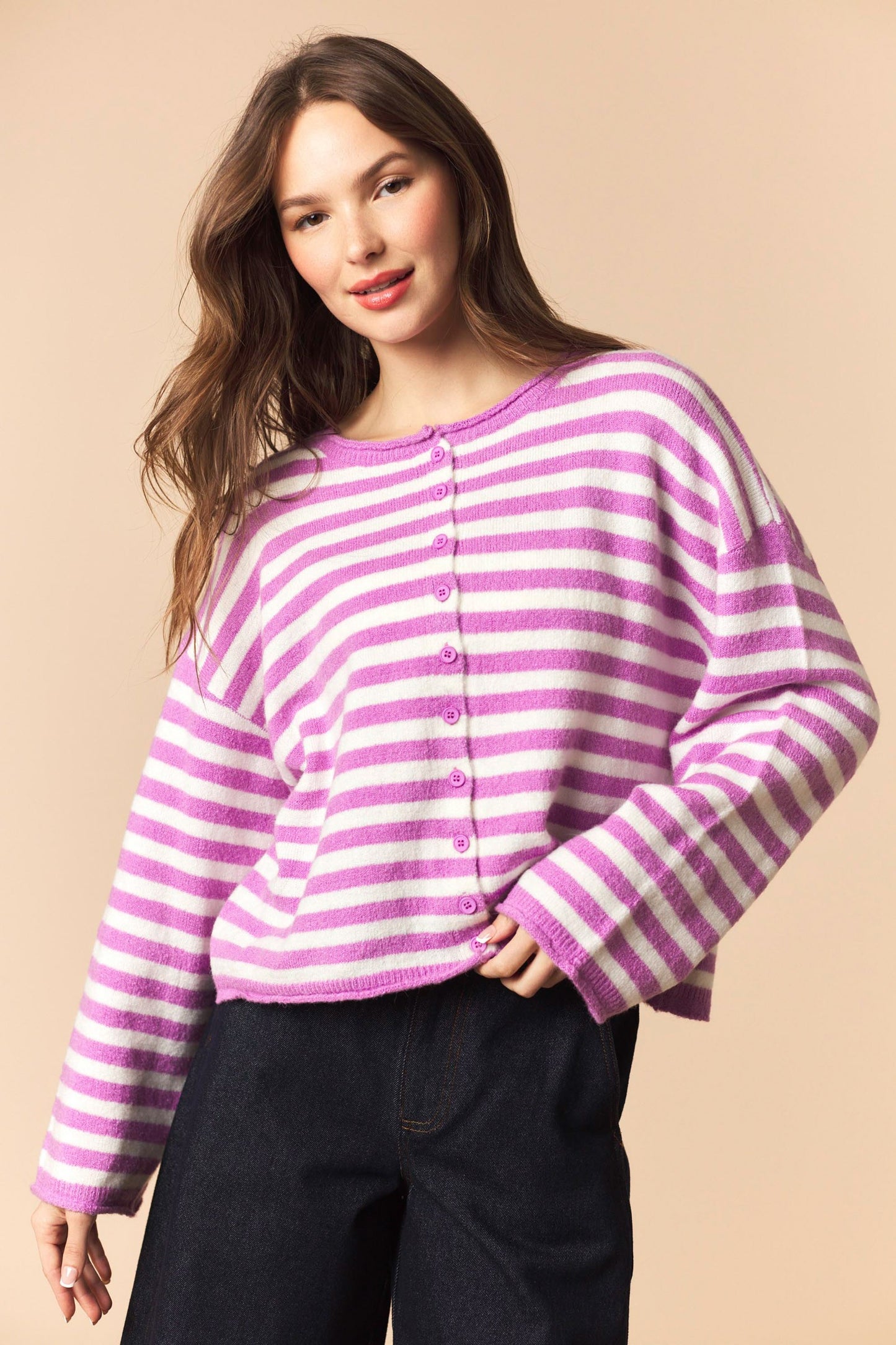 Violet Striped Button Up Cardigan