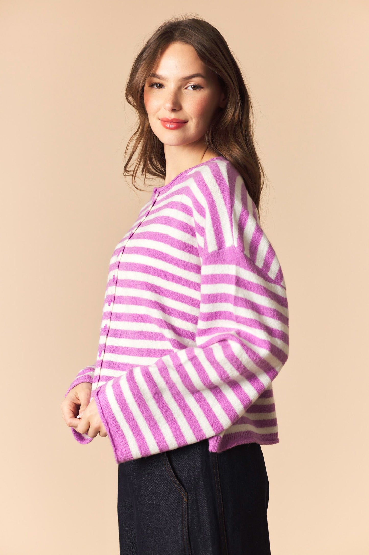 Violet Striped Button Up Cardigan