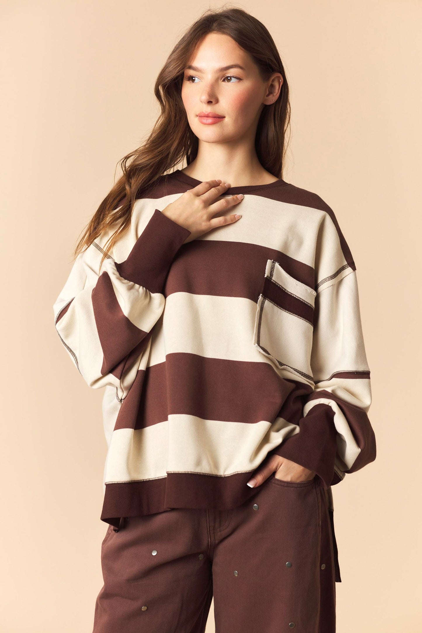 Brown Bold Stripe Oversized Sweatshirt