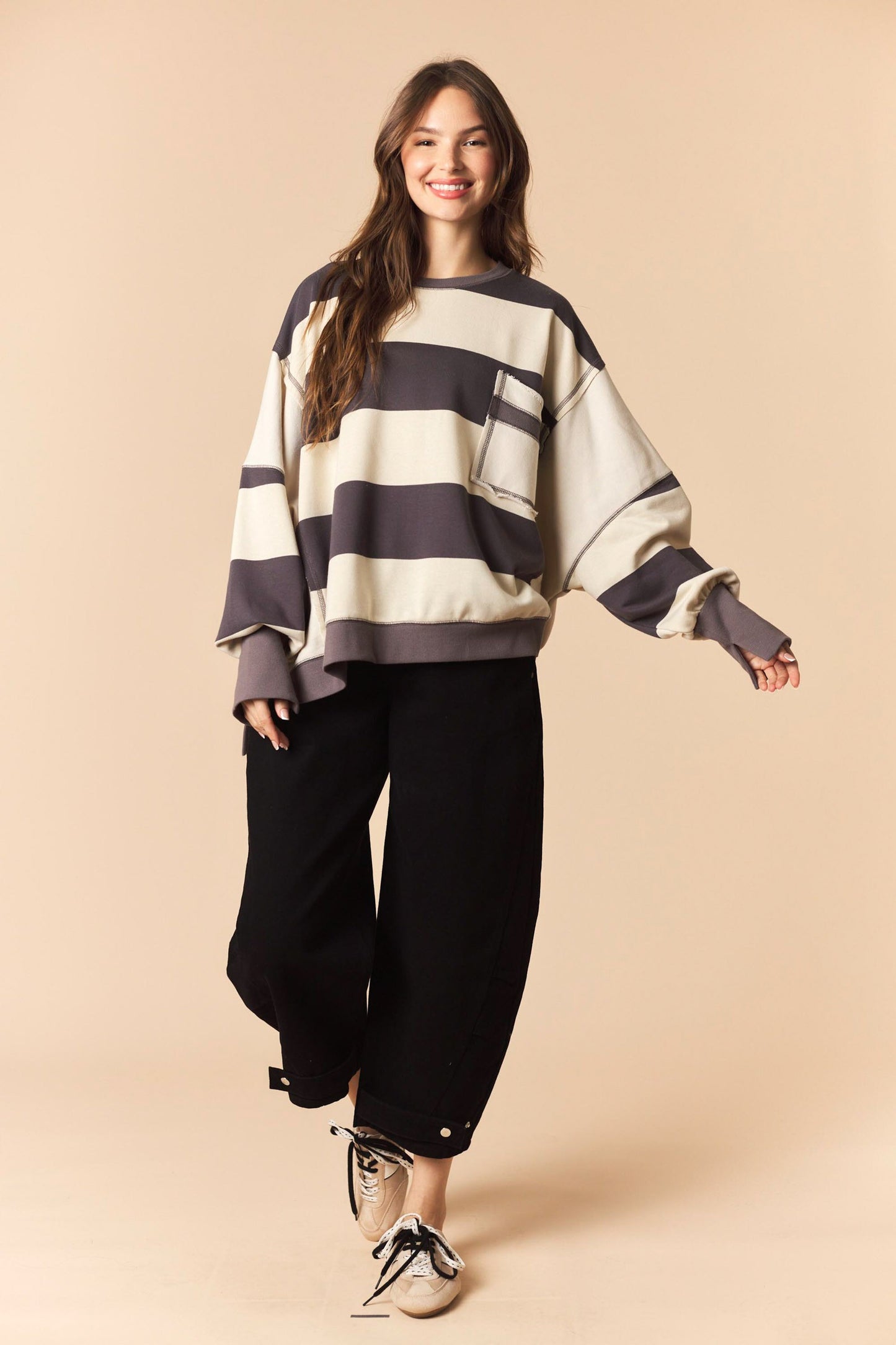 Charcoal Bold Stripe Oversized Sweatshirt