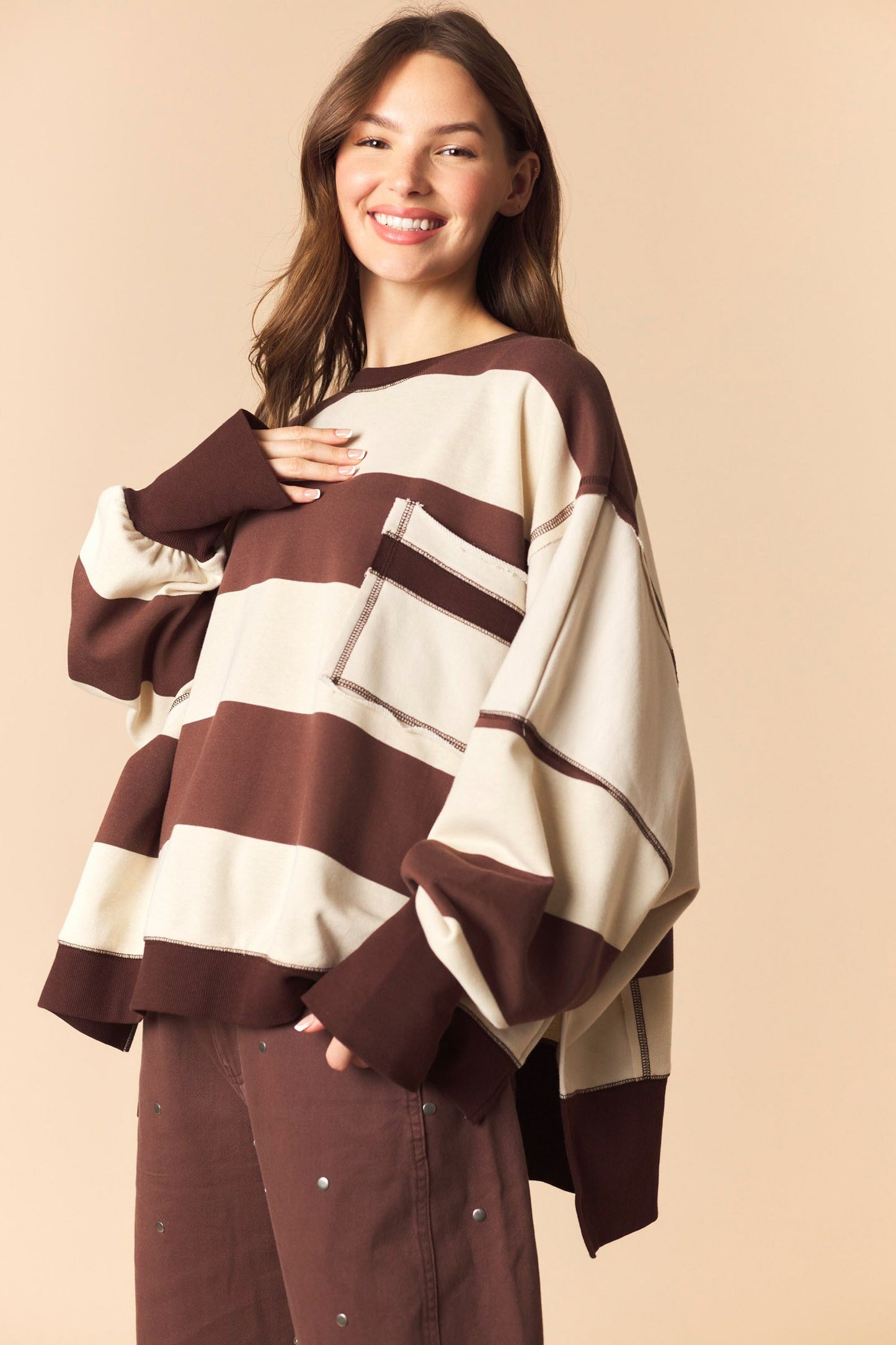 Brown Bold Stripe Oversized Sweatshirt