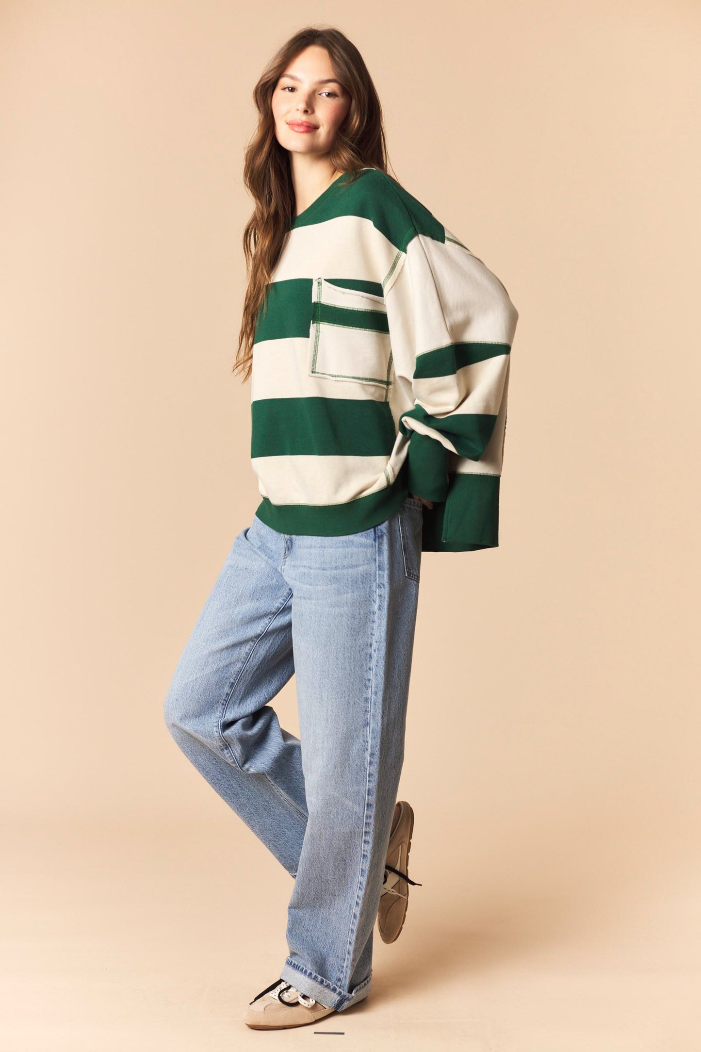 Green Bold Stripe Oversized Sweatshirt