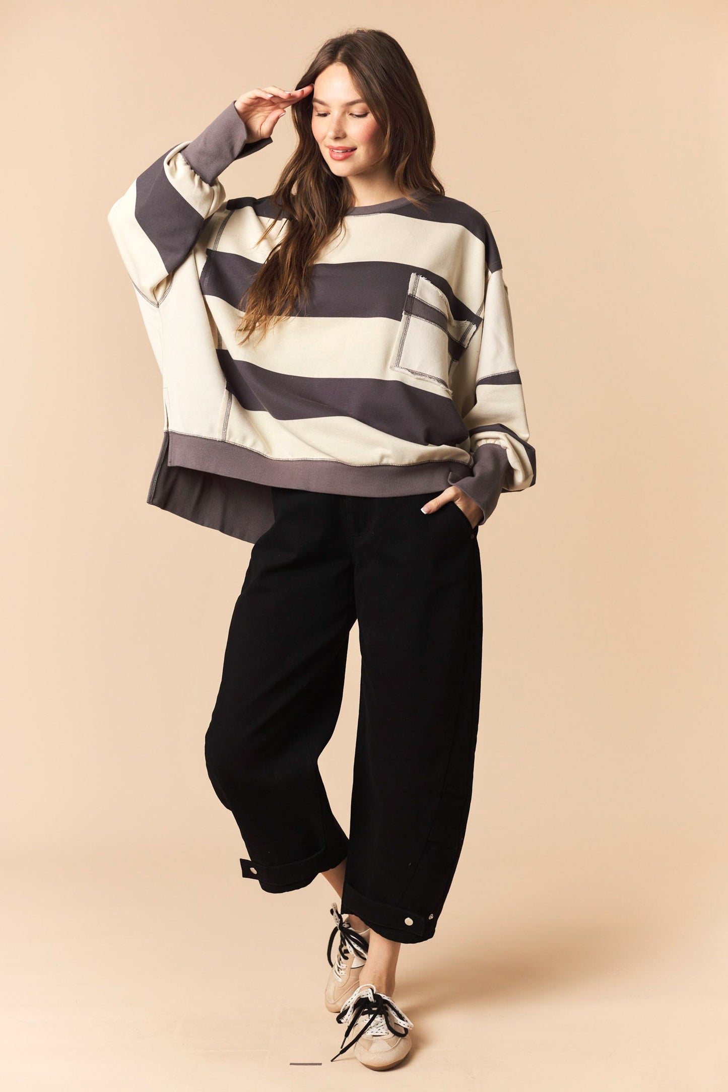 Charcoal Bold Stripe Oversized Sweatshirt