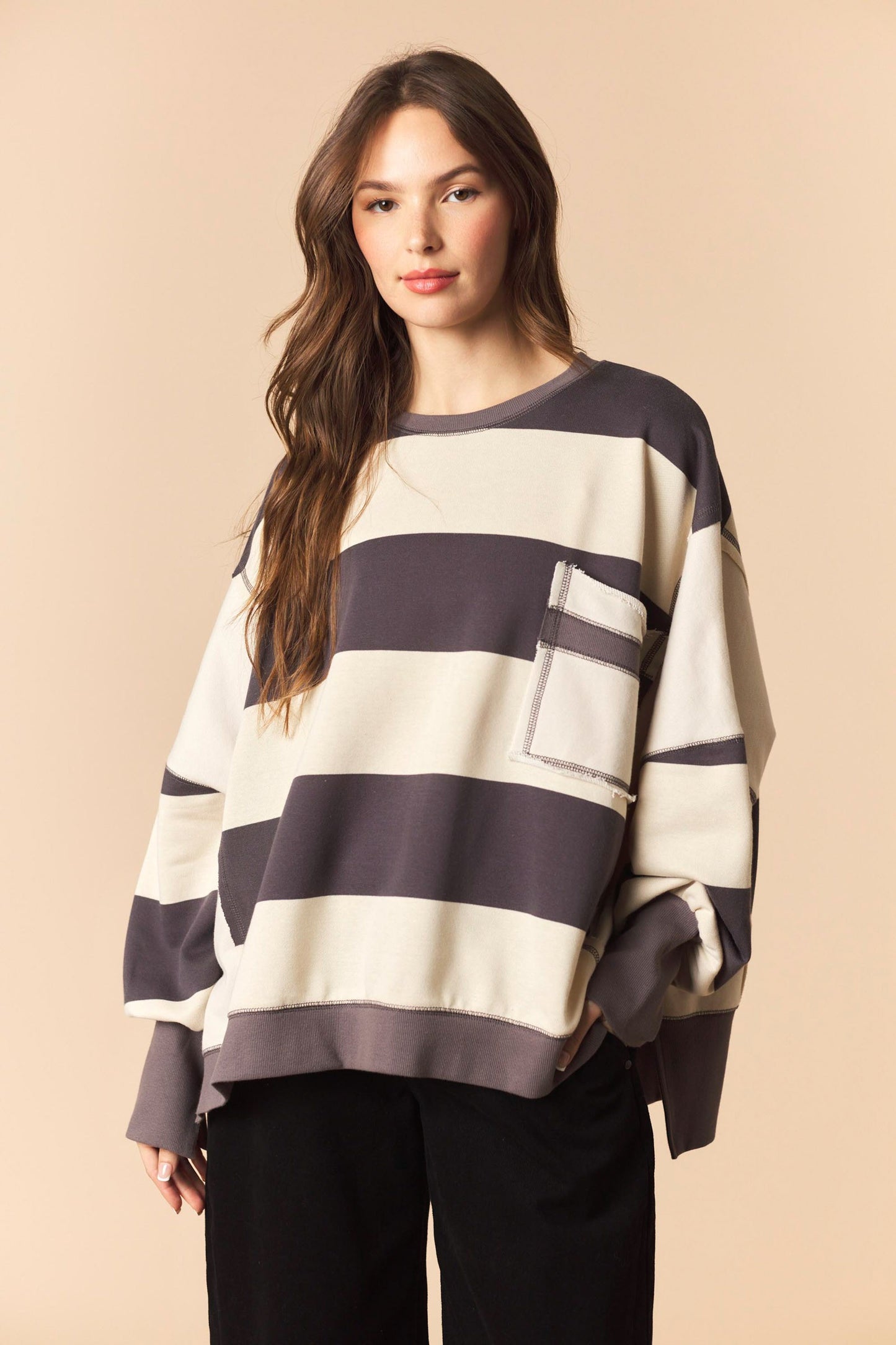 Charcoal Bold Stripe Oversized Sweatshirt