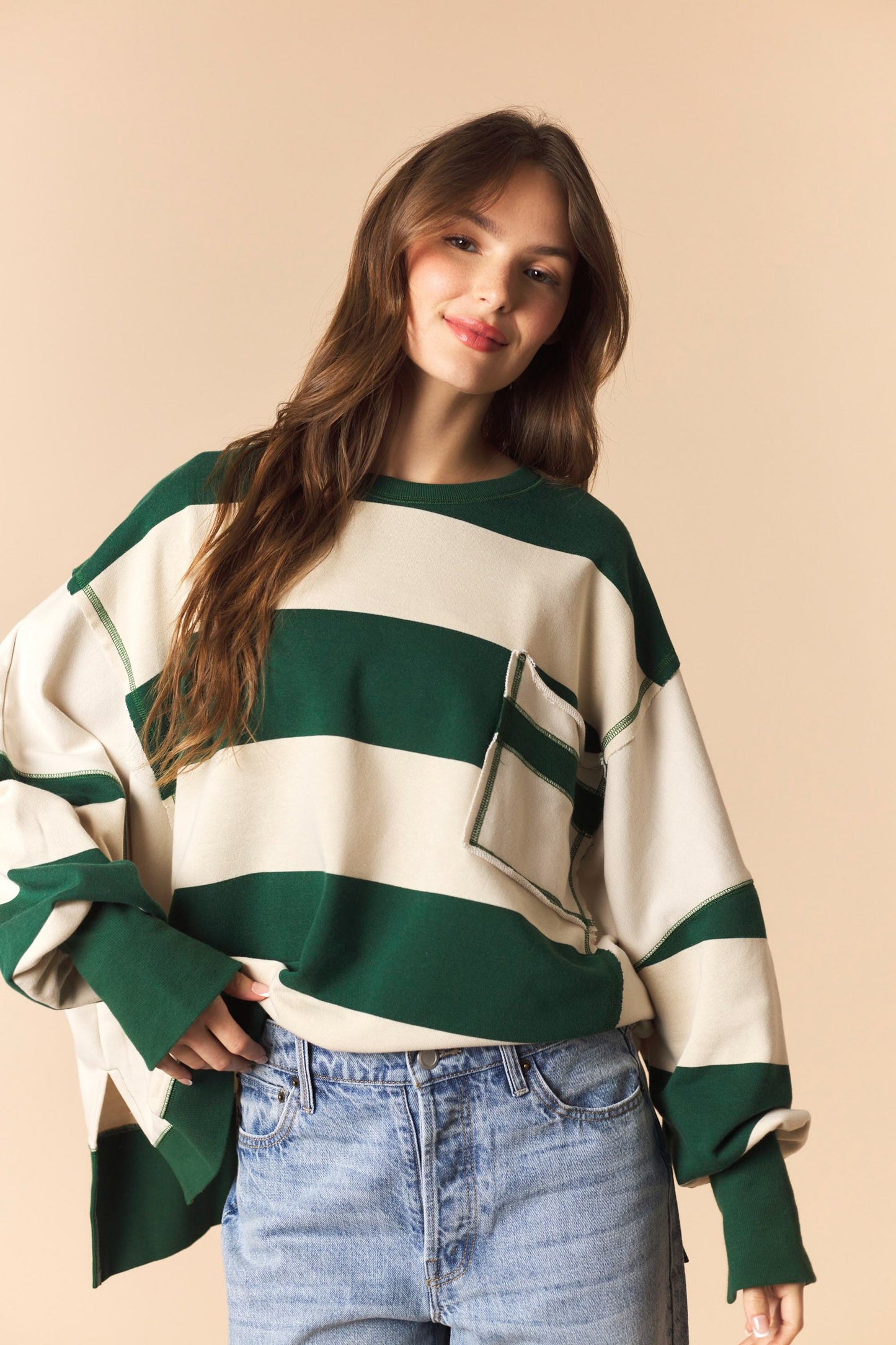 Green Bold Stripe Oversized Sweatshirt