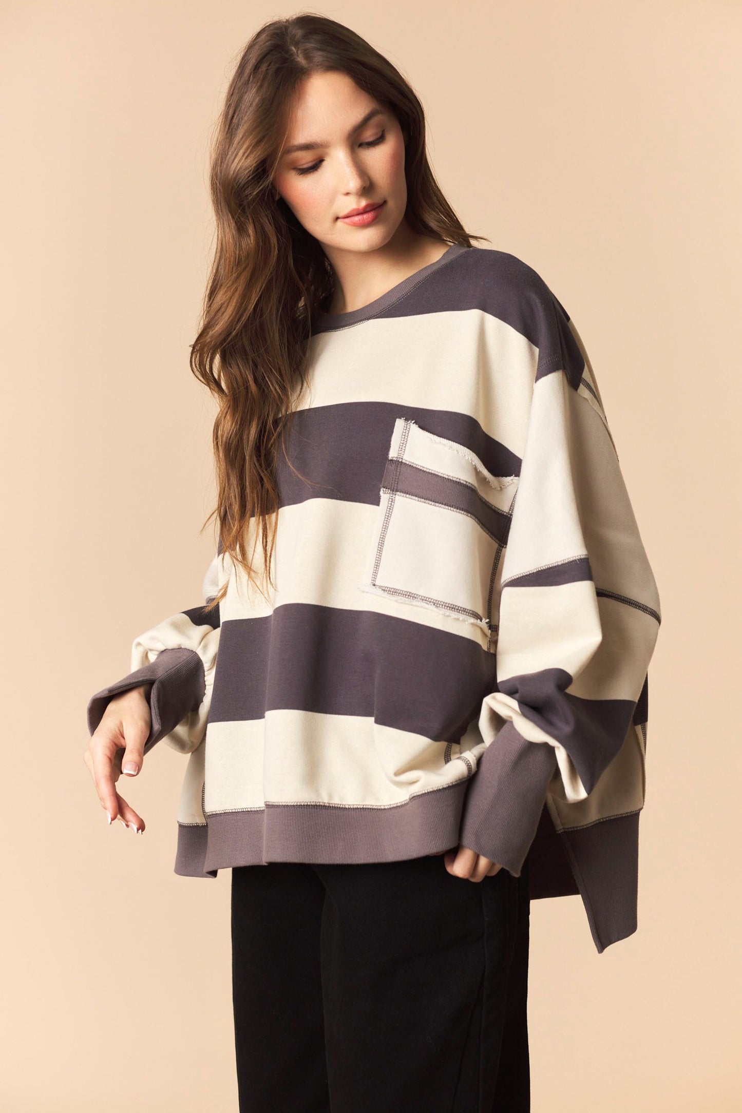 Charcoal Bold Stripe Oversized Sweatshirt