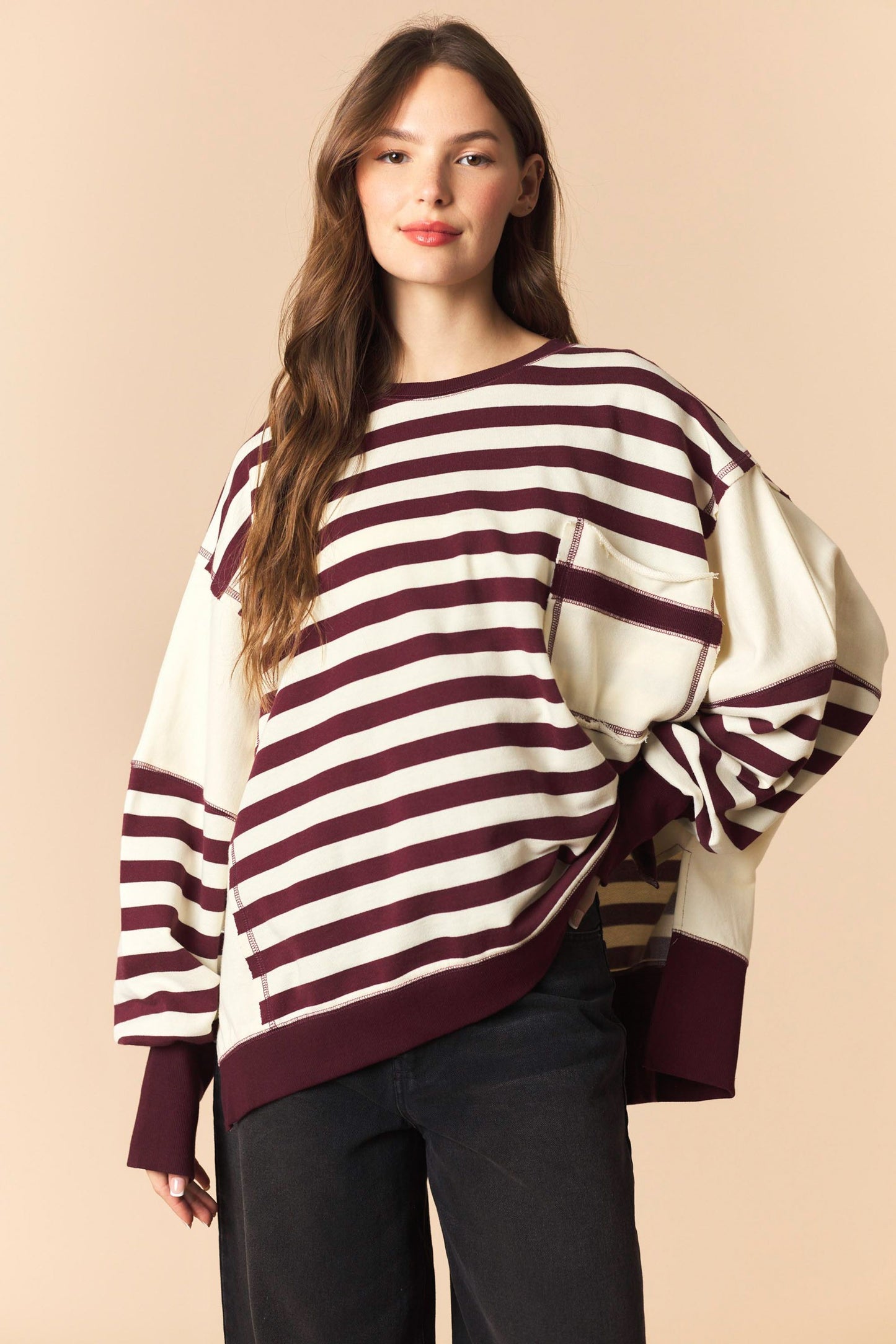 Wine Stripe Pocket Sweatshirt