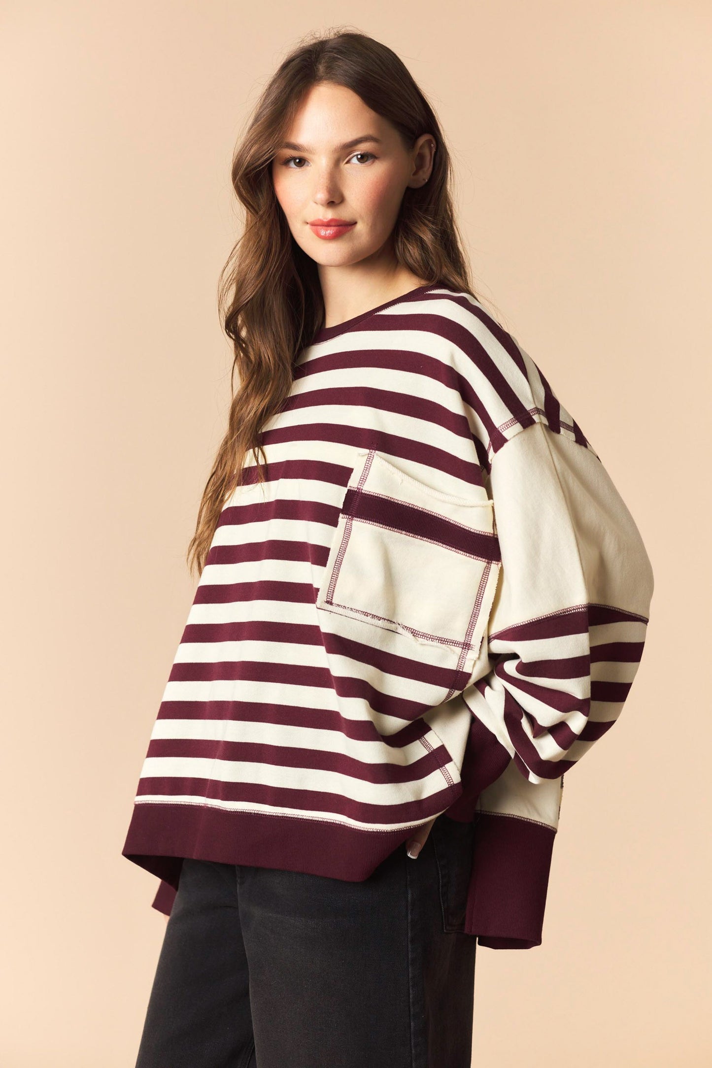 Wine Stripe Pocket Sweatshirt