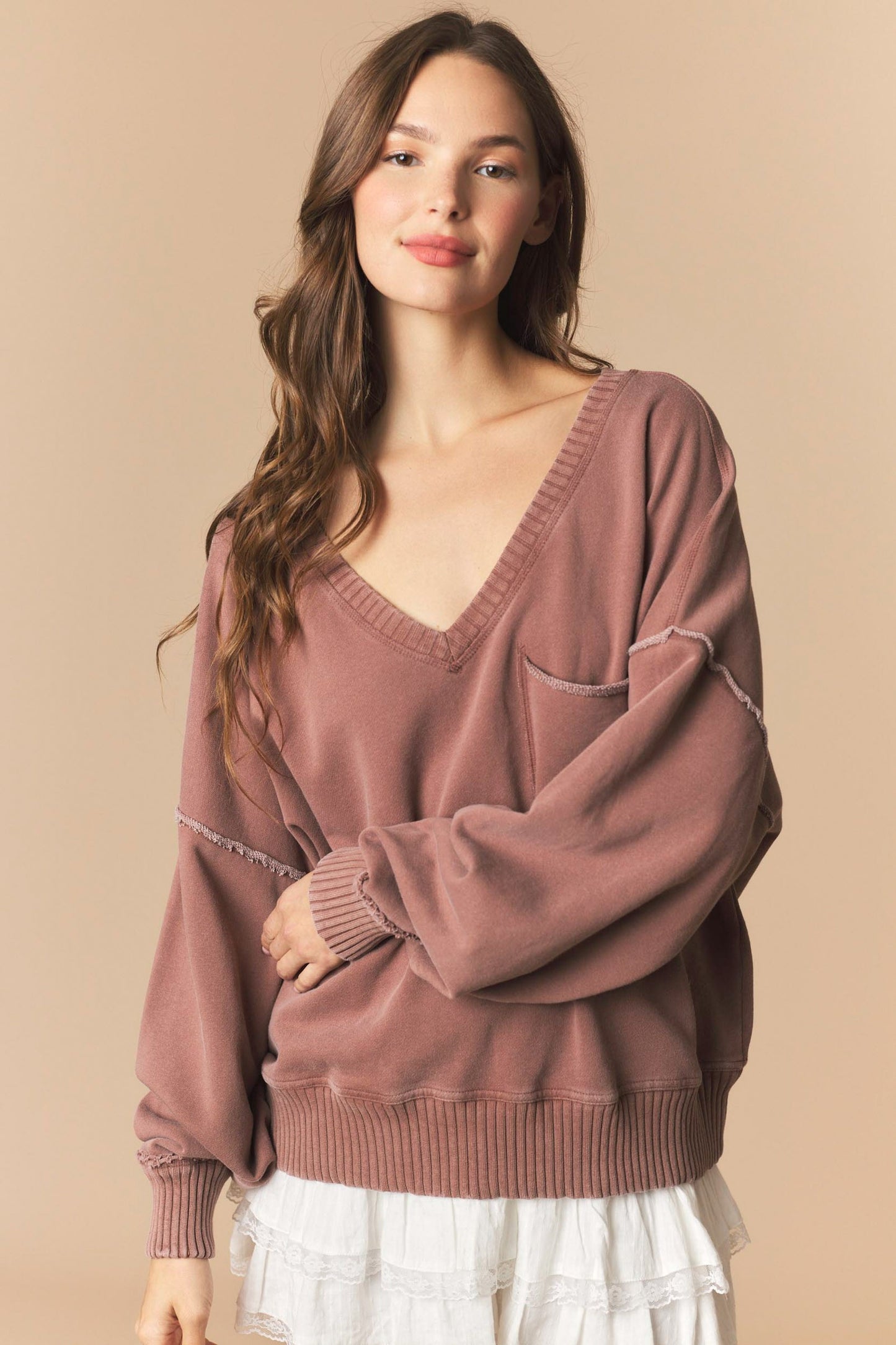 Mocha V Neck Sweatshirt