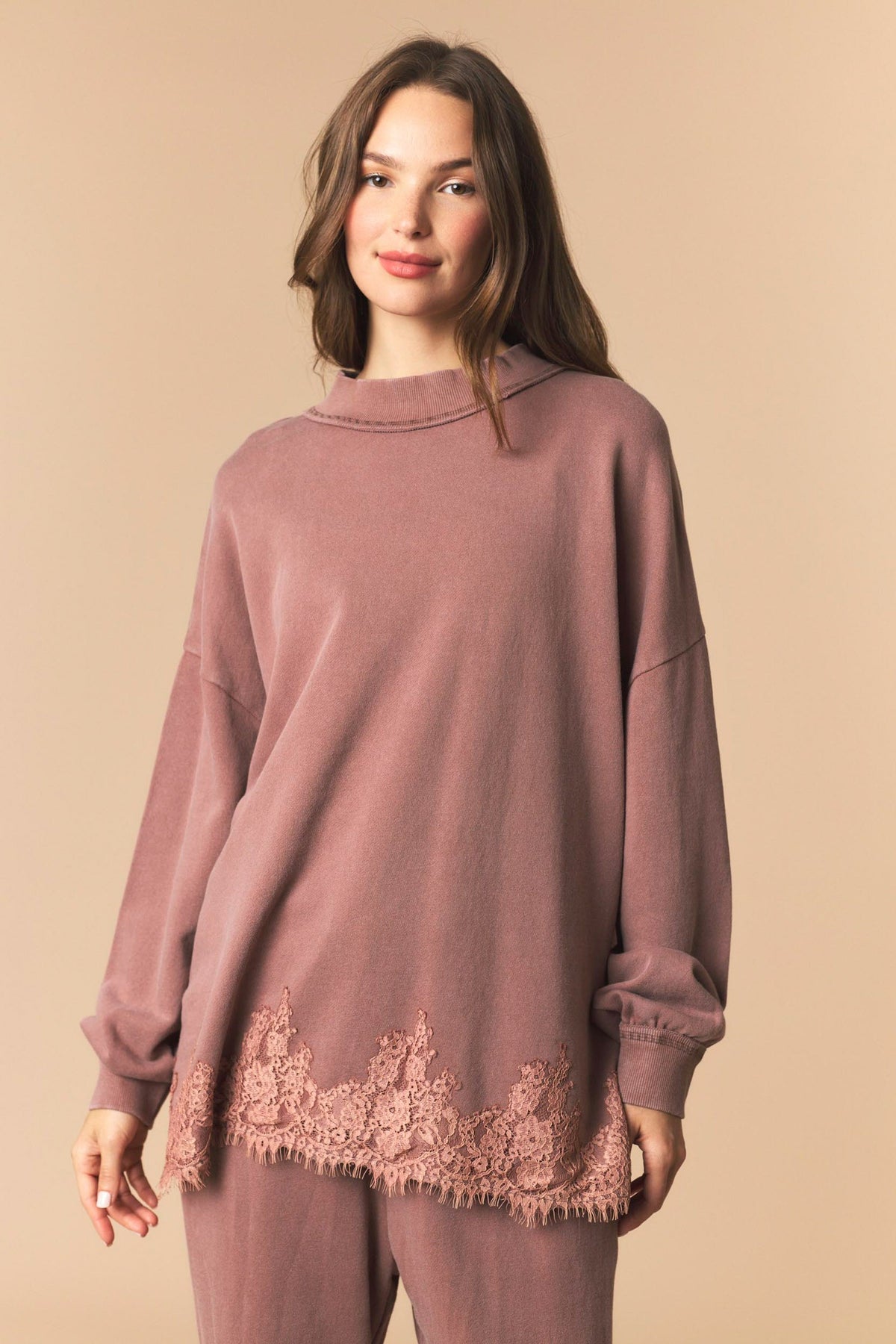 Brown Lace Hem Sweatshirt