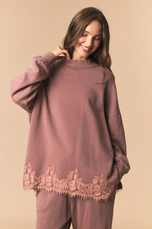 Brown Lace Hem Sweatshirt