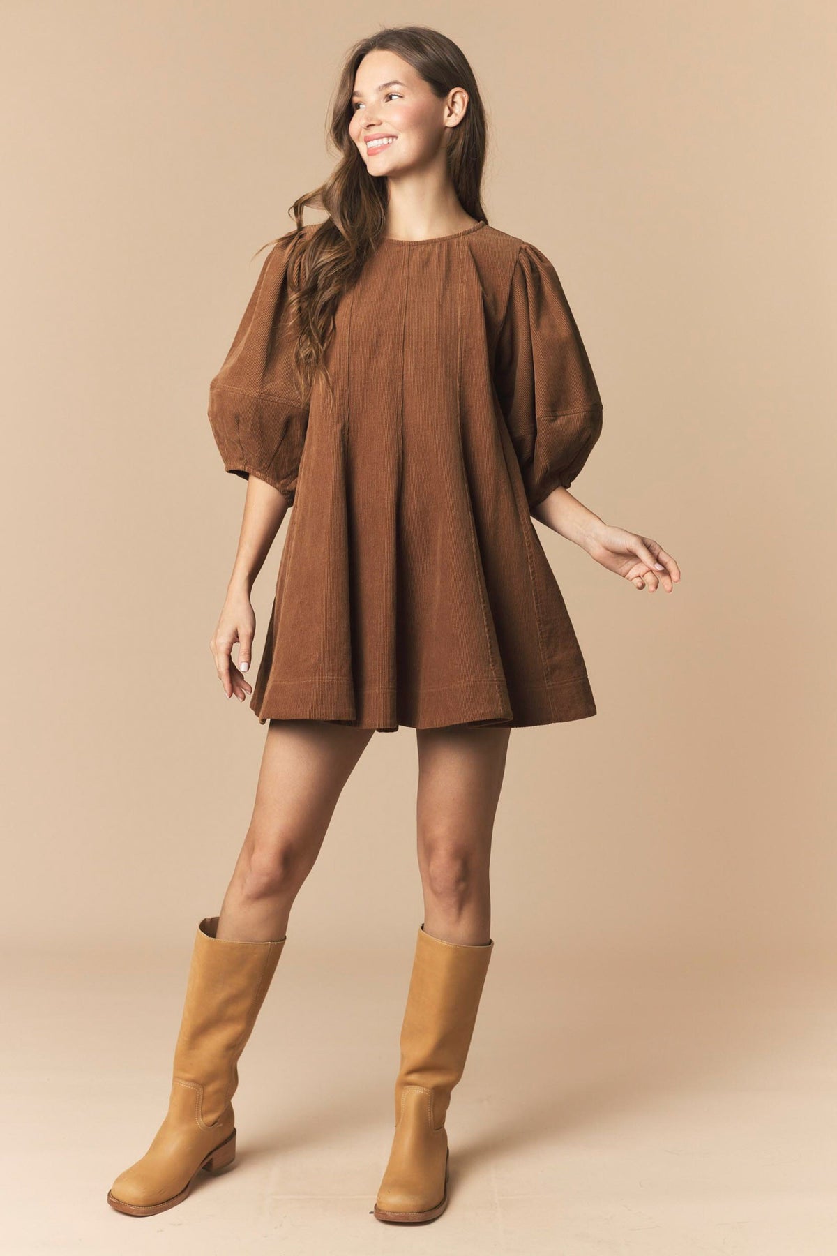 Camel Corduroy Bubble Mini Dress