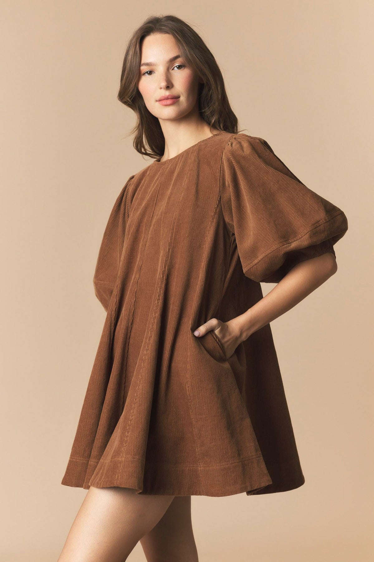 Camel Corduroy Bubble Mini Dress