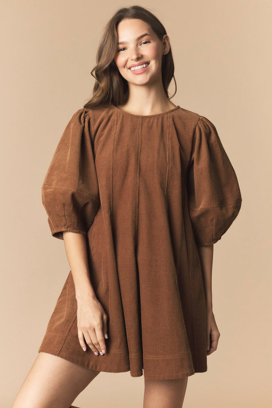 Camel Corduroy Bubble Mini Dress