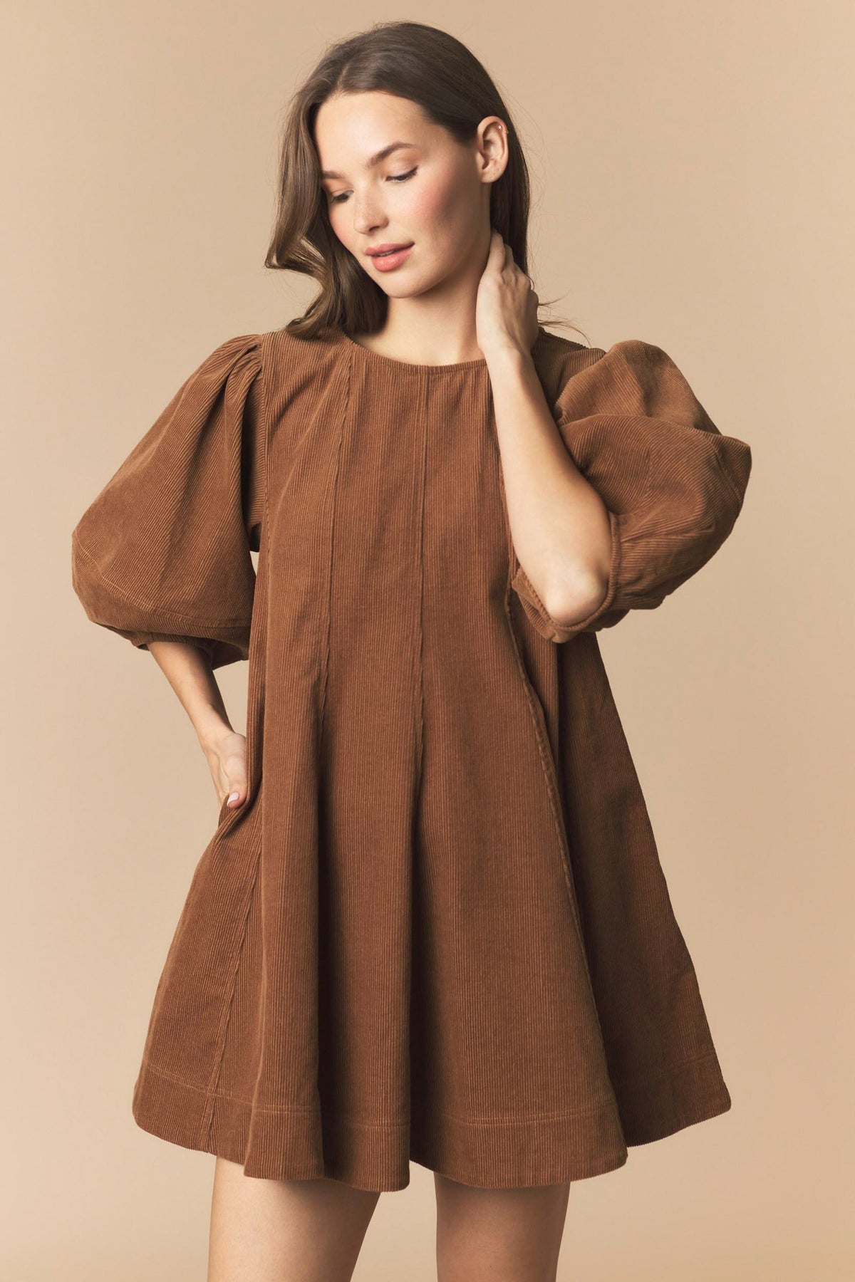 Camel Corduroy Bubble Mini Dress