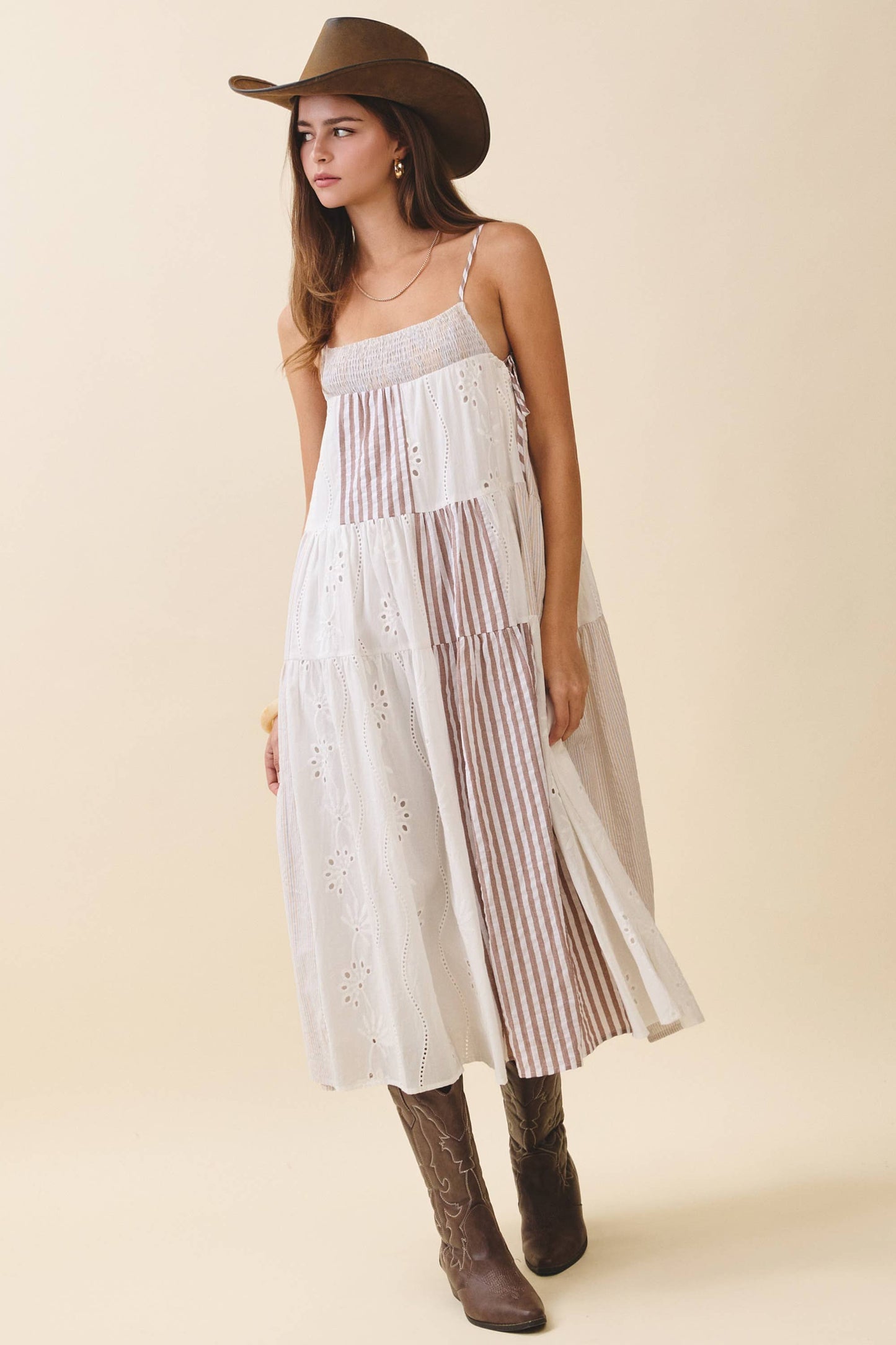 Brown Patchwork Tiered Midi Dress